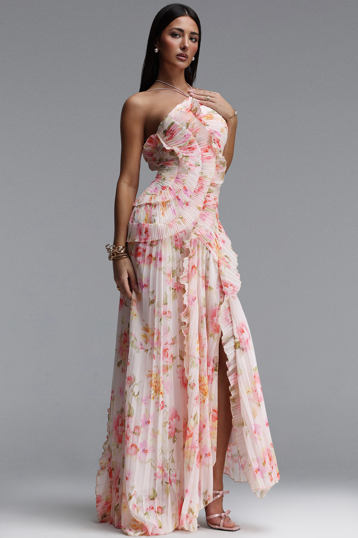 Elleri Resort Flowy Sleeveless Pleated Ruffle Floral Print Woven Maxi Dress