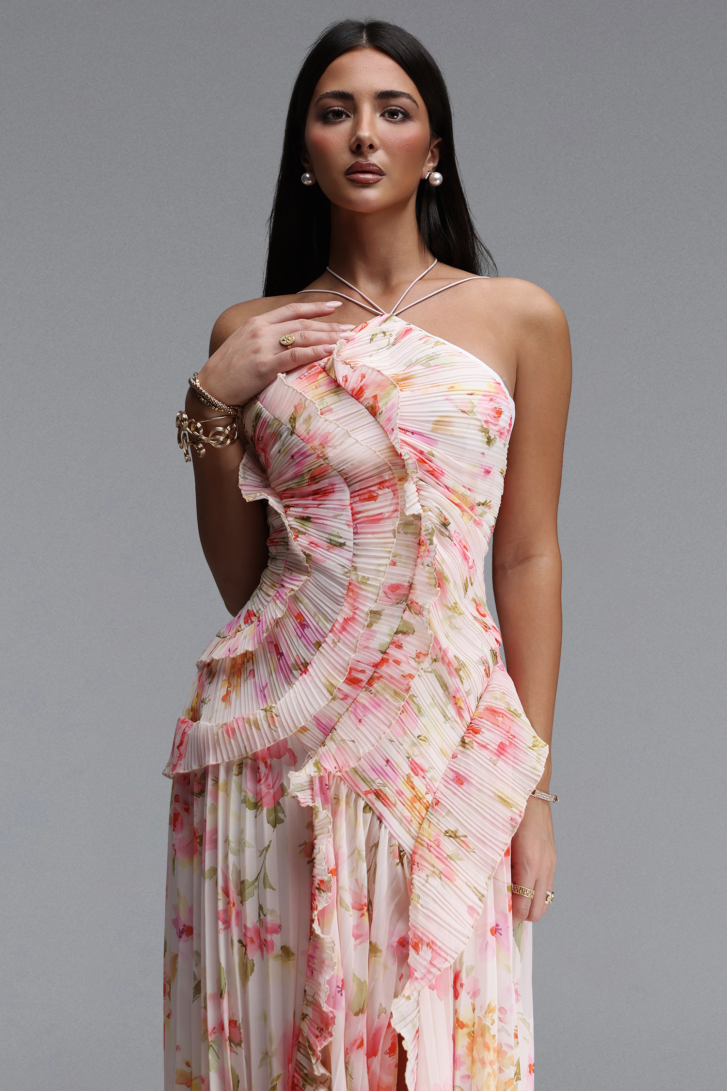 Elleri Resort Flowy Sleeveless Pleated Ruffle Floral Print Woven Maxi Dress