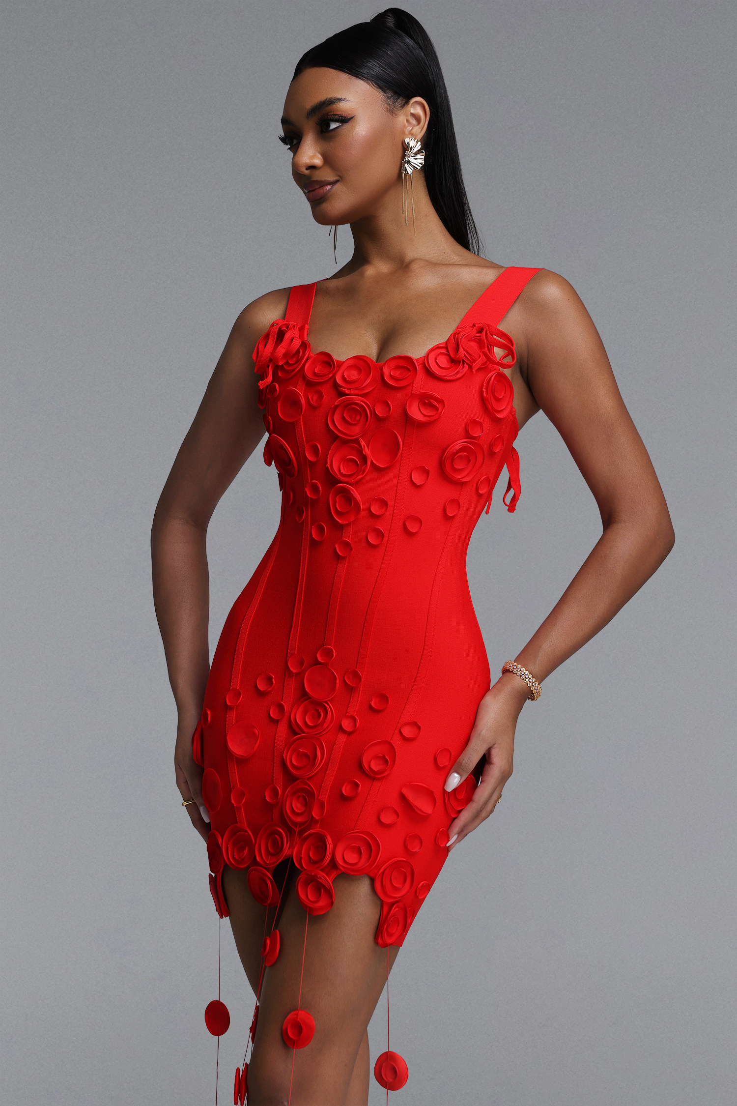 Jacova Chic Contour Wide Strap Floral Tassel Bodycon Bandage Mini Dress