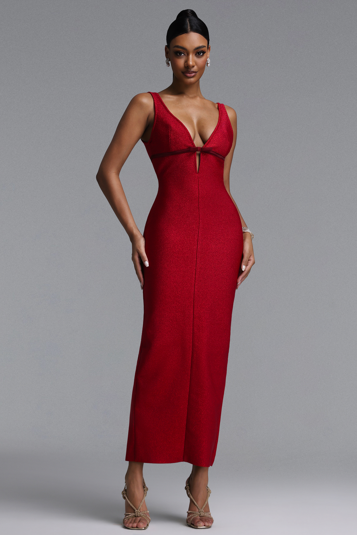 Molao Elegant Contour Sleeveless Deep V Bow Embellished Midi Bandage Dress