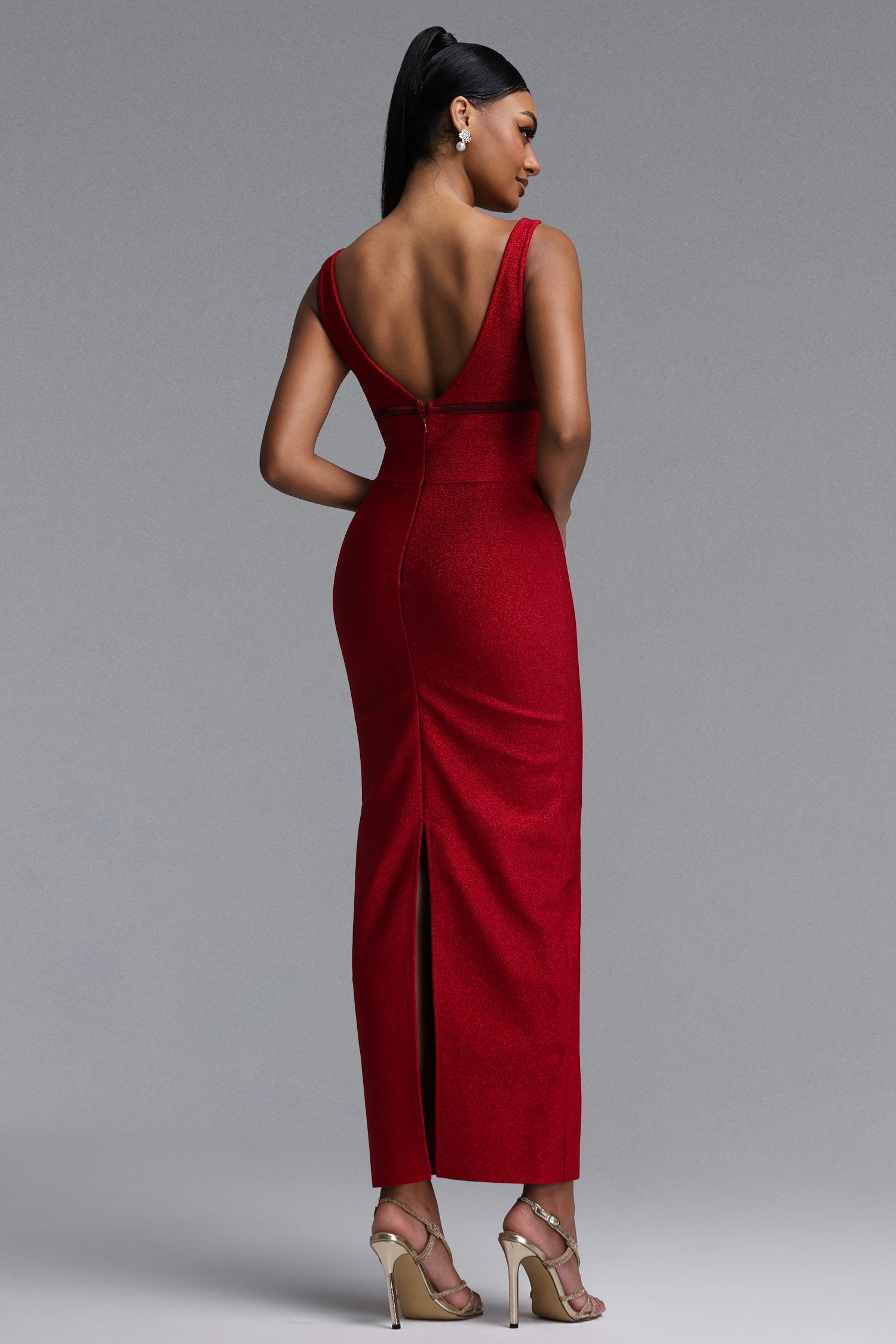 Molao Elegant Contour Sleeveless Deep V Bow Embellished Midi Bandage Dress