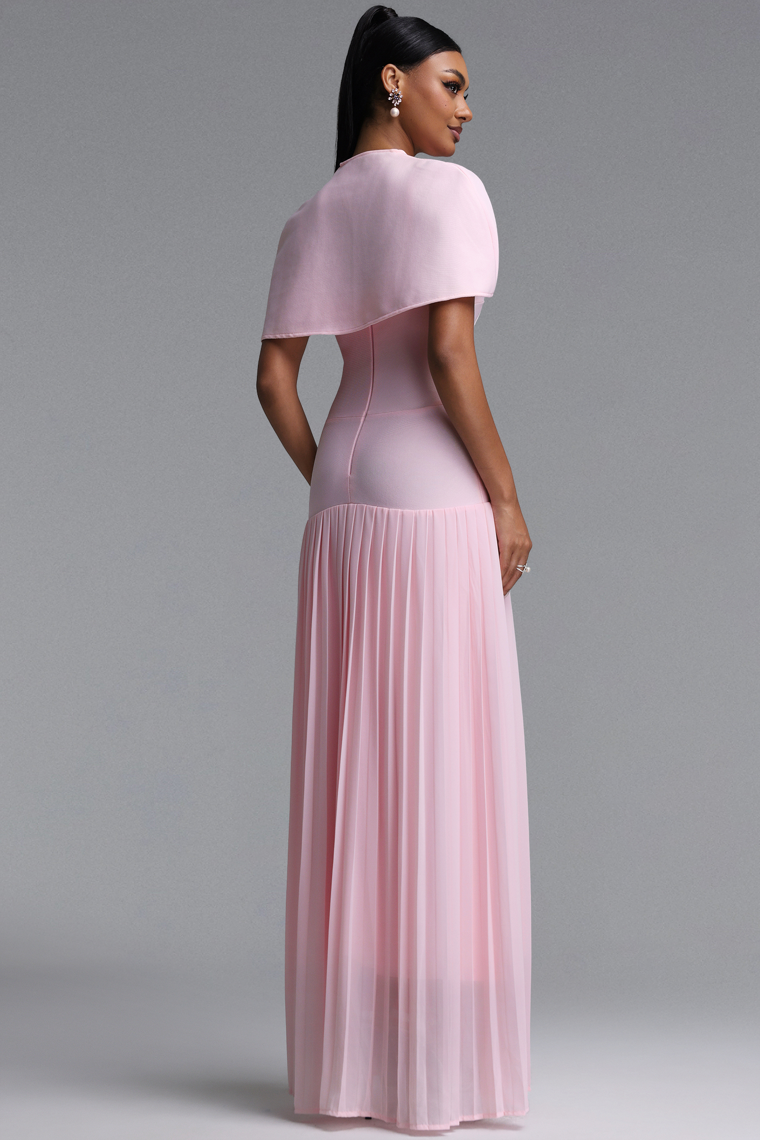 Devere Elegant Sophisticated Cape Style Pleated Bandge Maxi Dress