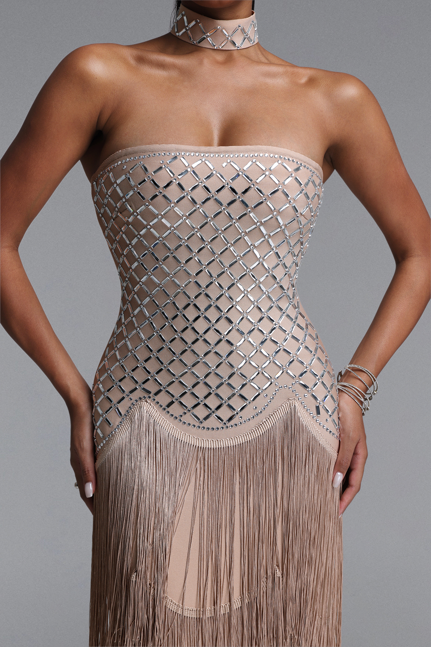 Nikki Elegant Contour Strapless Rhinestone Fringe Midi Dress