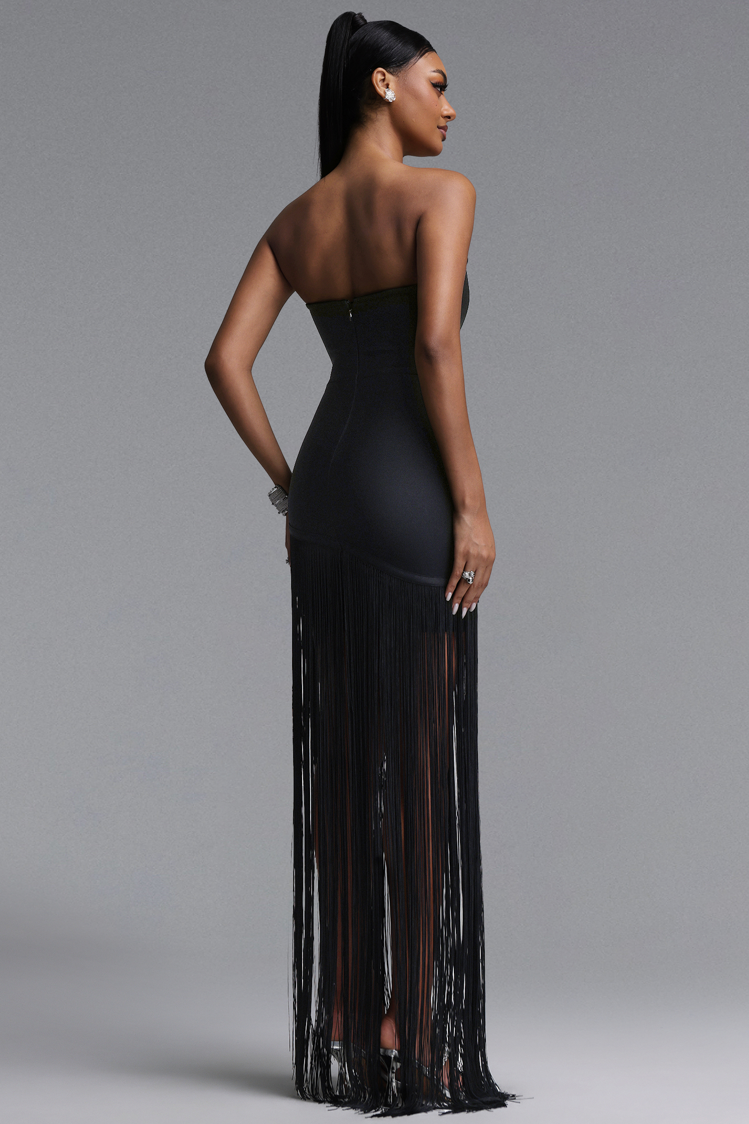 Ezgi Chic Contour Strapless Floral Fringe Bandage Black Maxi Dress
