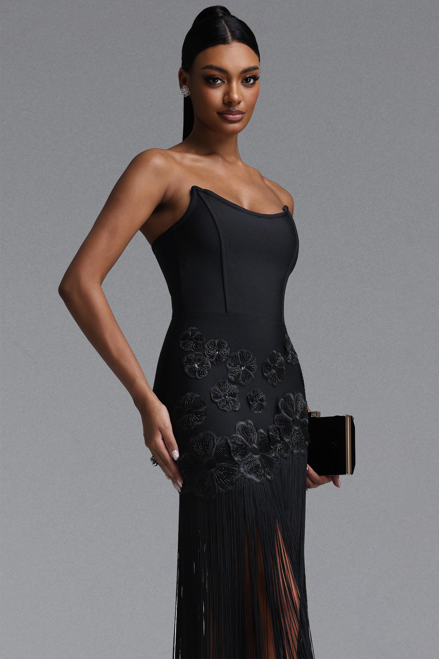 Ezgi Chic Contour Strapless Floral Fringe Bandage Black Maxi Dress