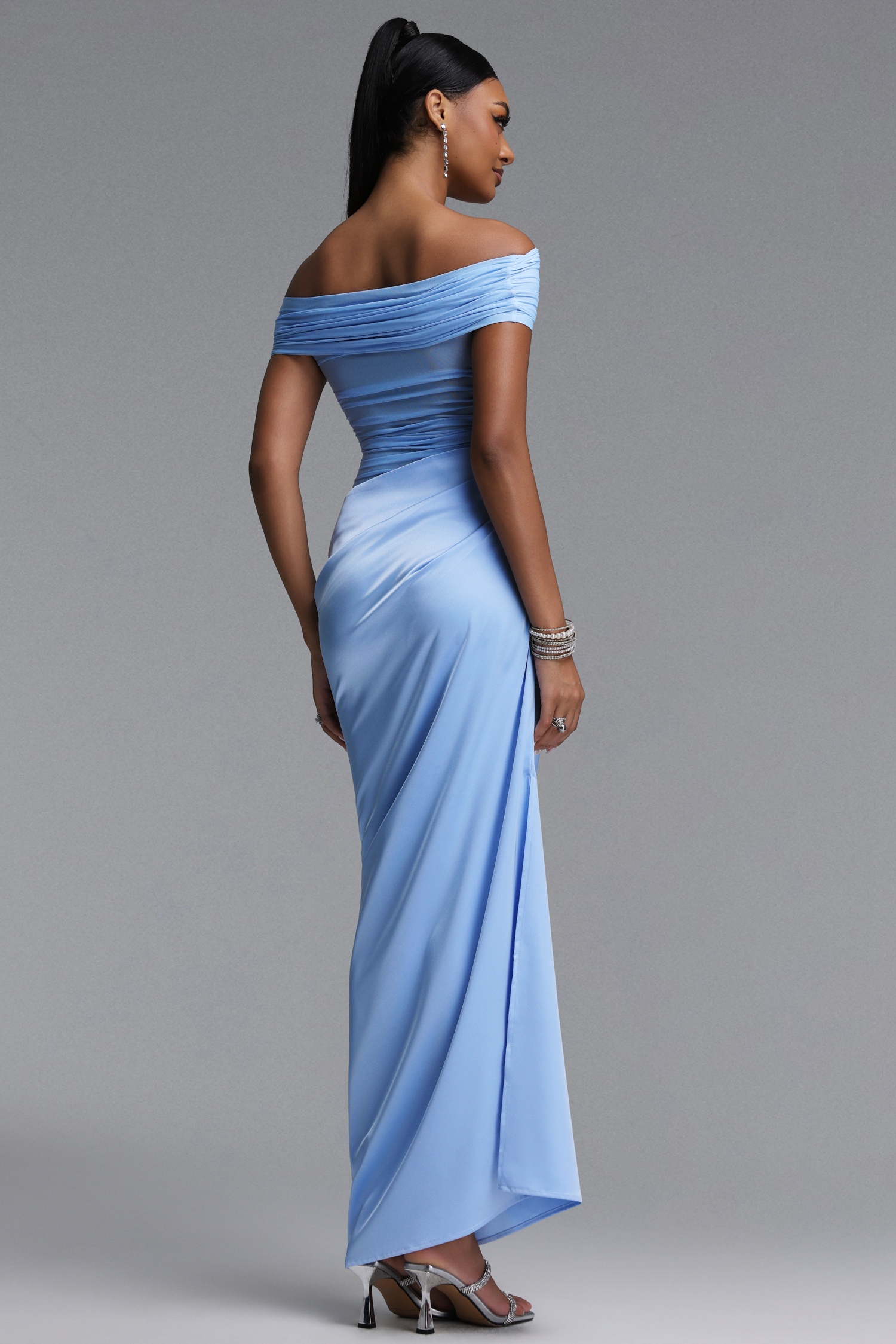 Tillie Elegant Contour Off Shoulder Pleated Sheer Maxi Dress