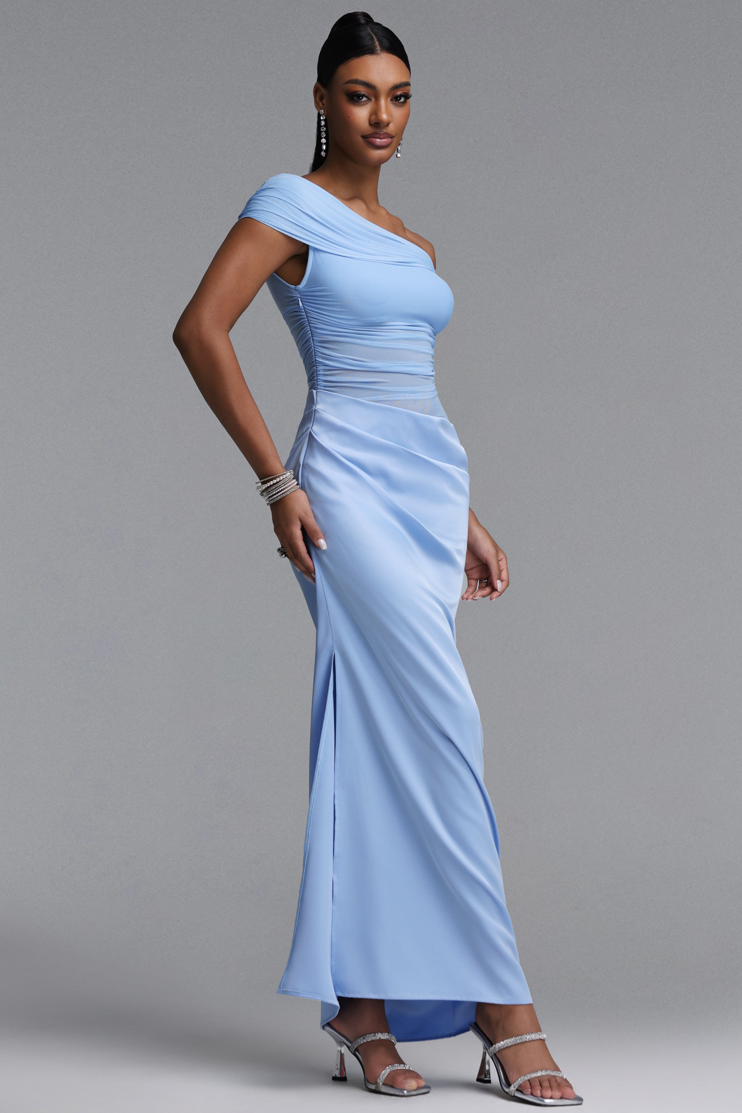 Tillie Elegant Contour Off Shoulder Pleated Sheer Maxi Dress