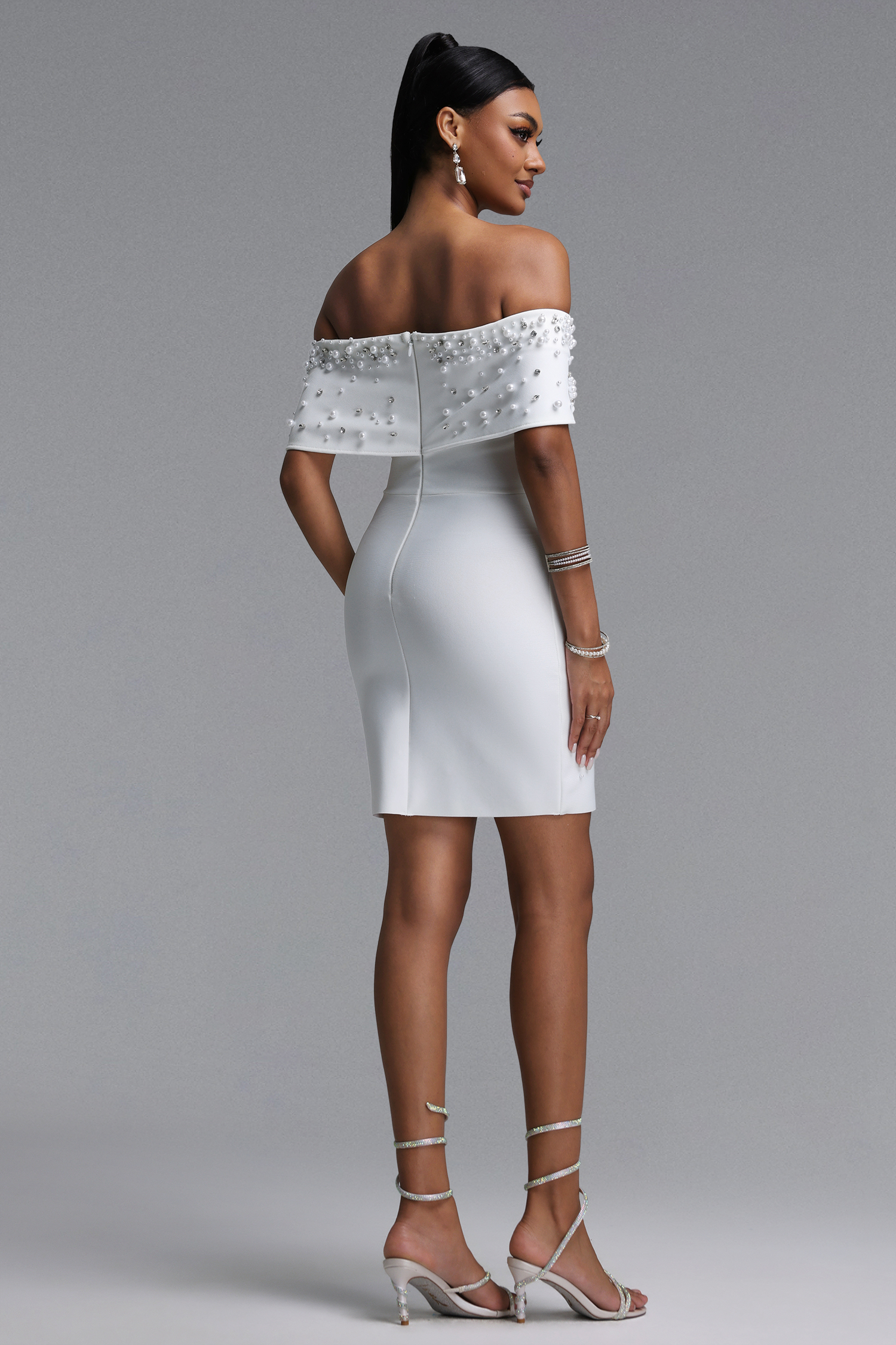 Lucki Elegant Contour Off-Shoulder Pearl Embellished Bodycon Bandage Mini Dress