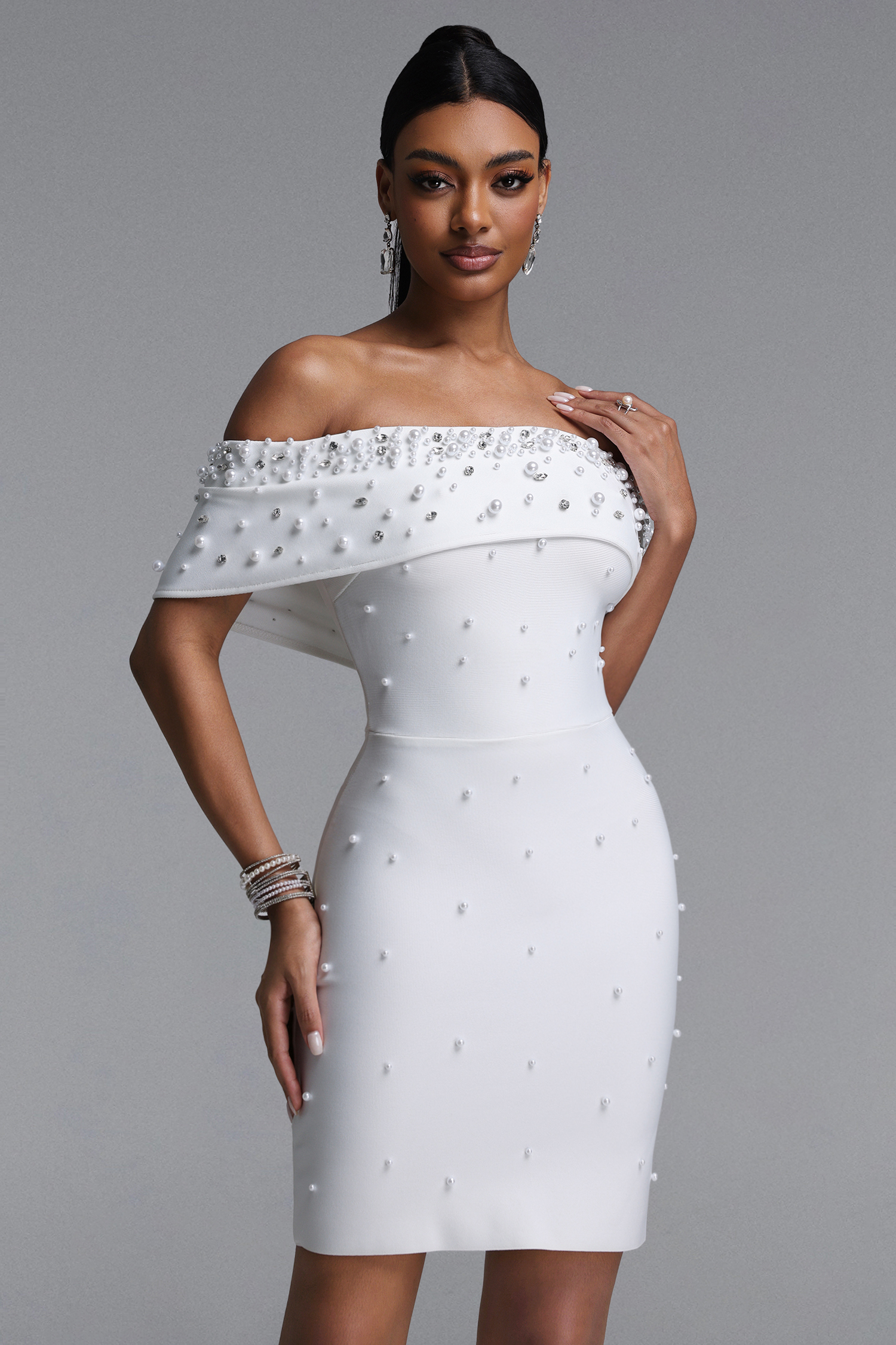 Lucki Elegant Contour Off-Shoulder Pearl Embellished Bodycon Bandage Mini Dress