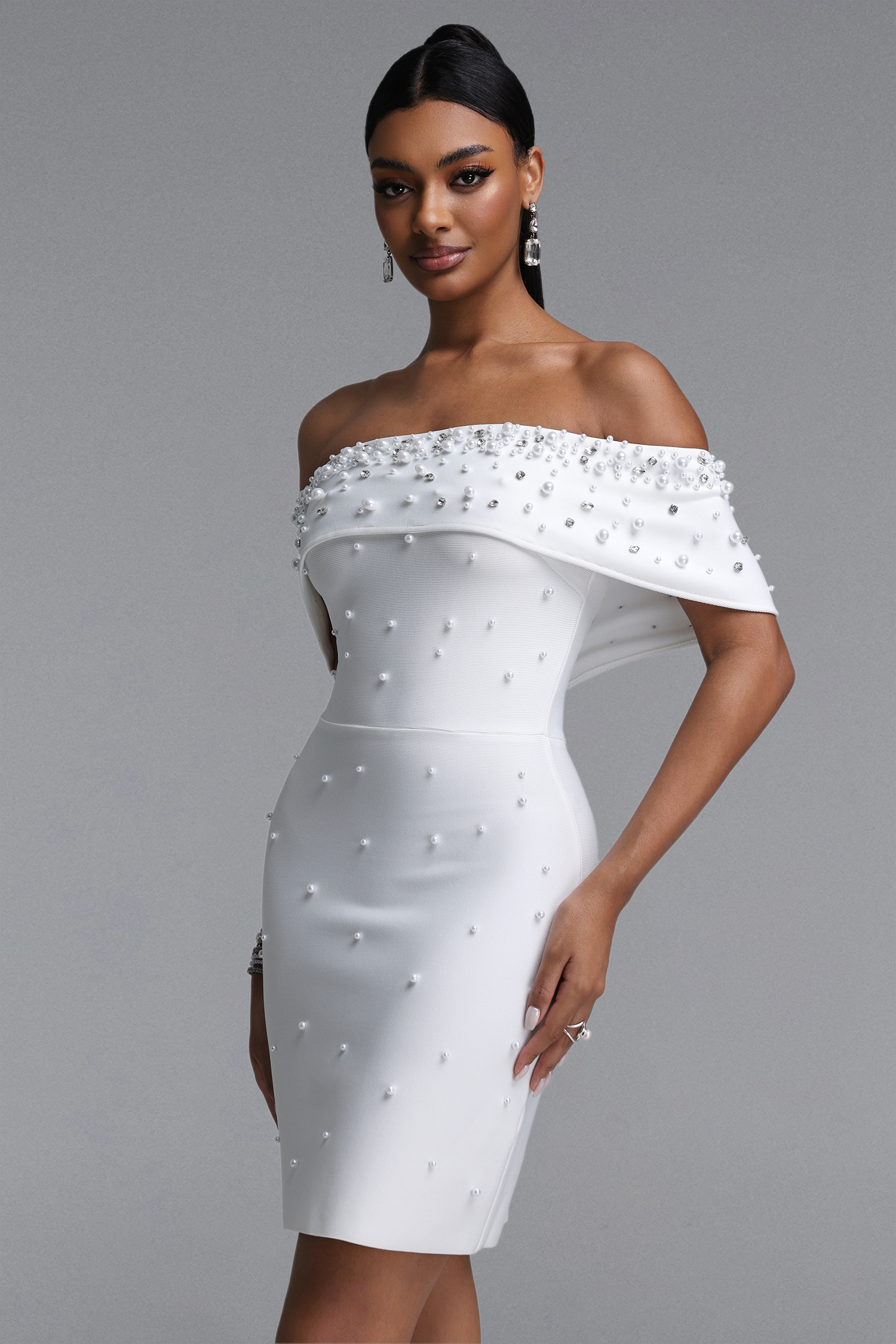 Lucki Elegant Contour Off-Shoulder Pearl Embellished Bodycon Bandage Mini Dress