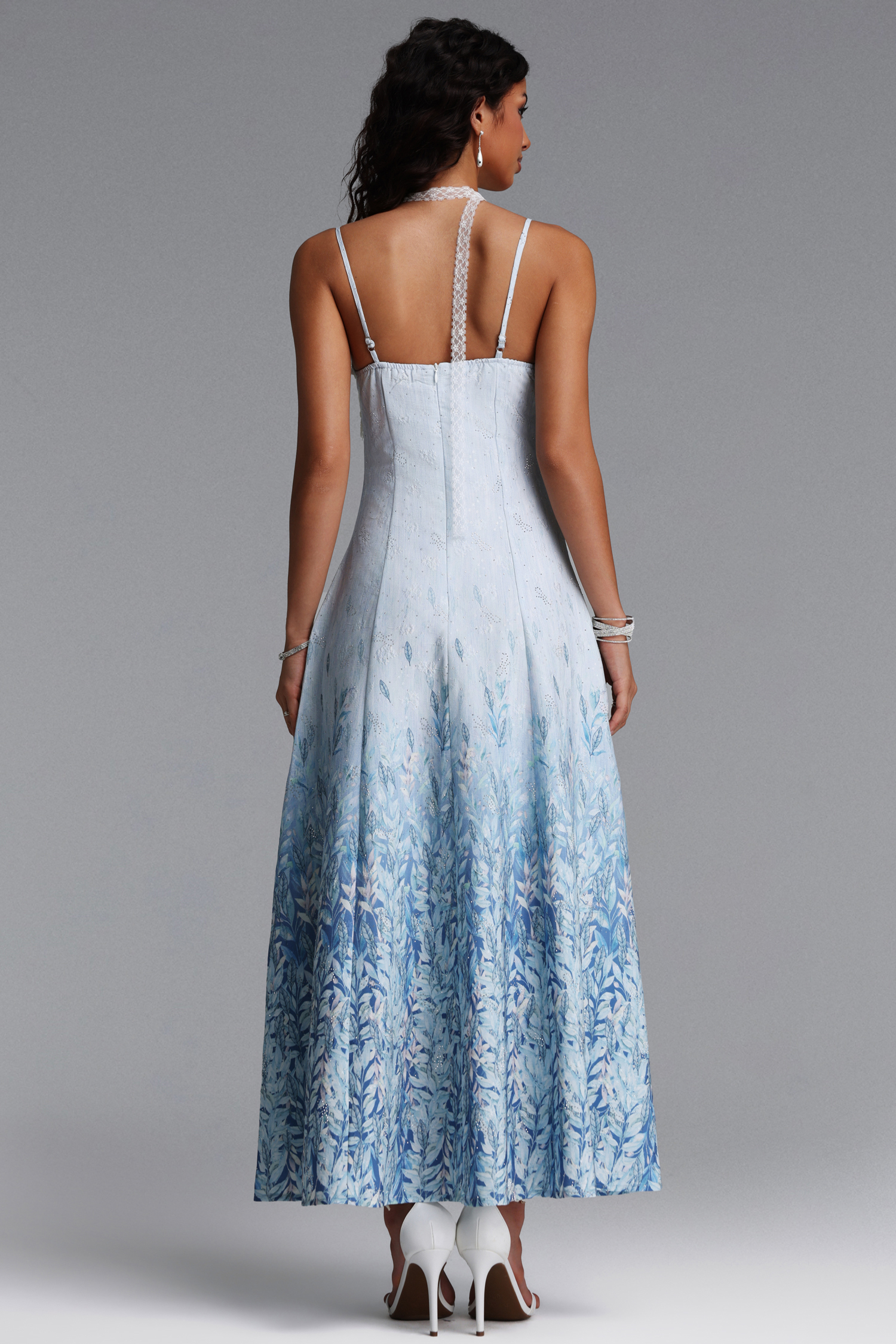 Lape Elegant Tailored Sleeveless Lace Floral Print Rhinestone Woven Maxi Dress