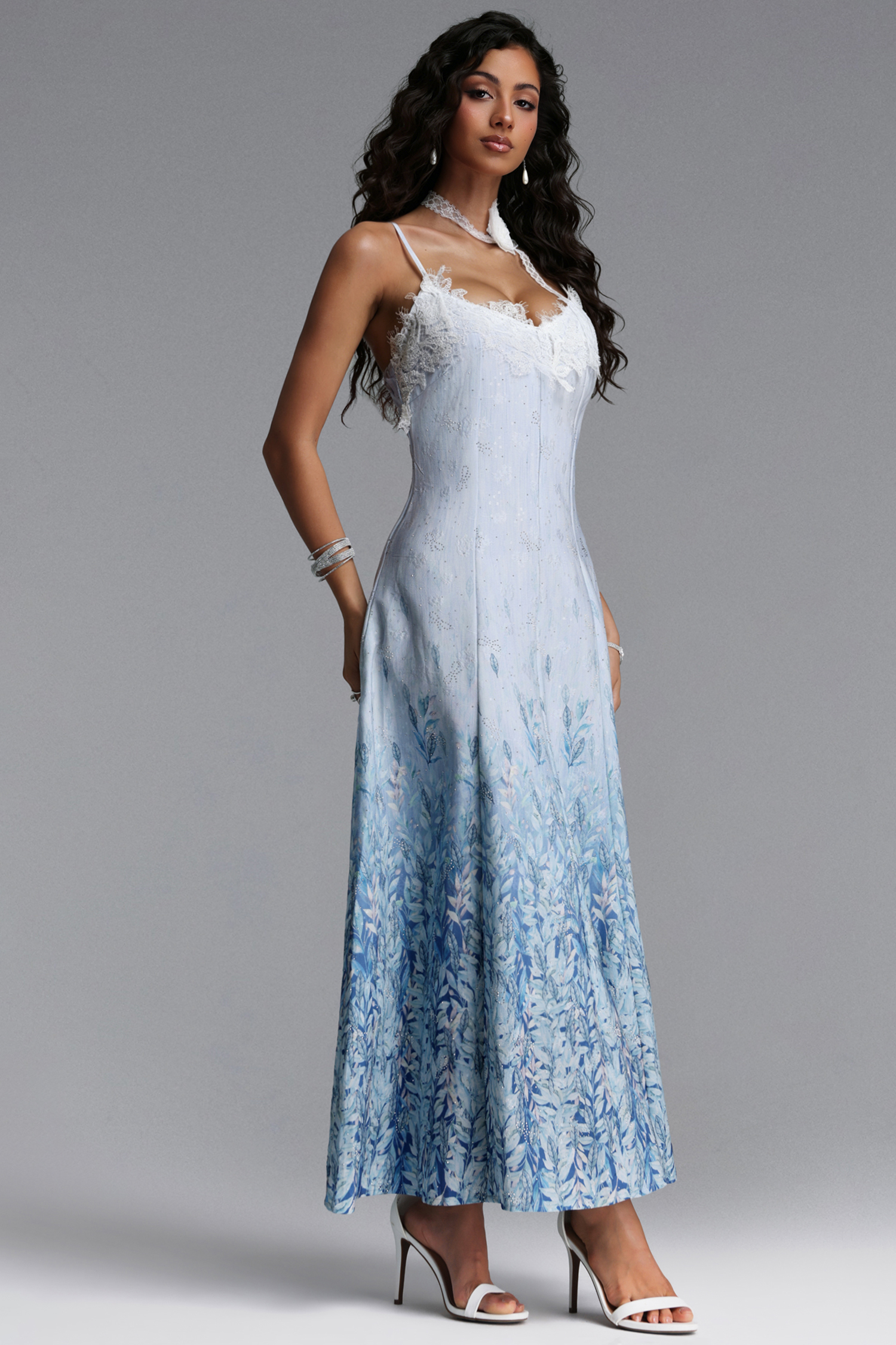 Lape Elegant Tailored Sleeveless Lace Floral Print Rhinestone Woven Maxi Dress