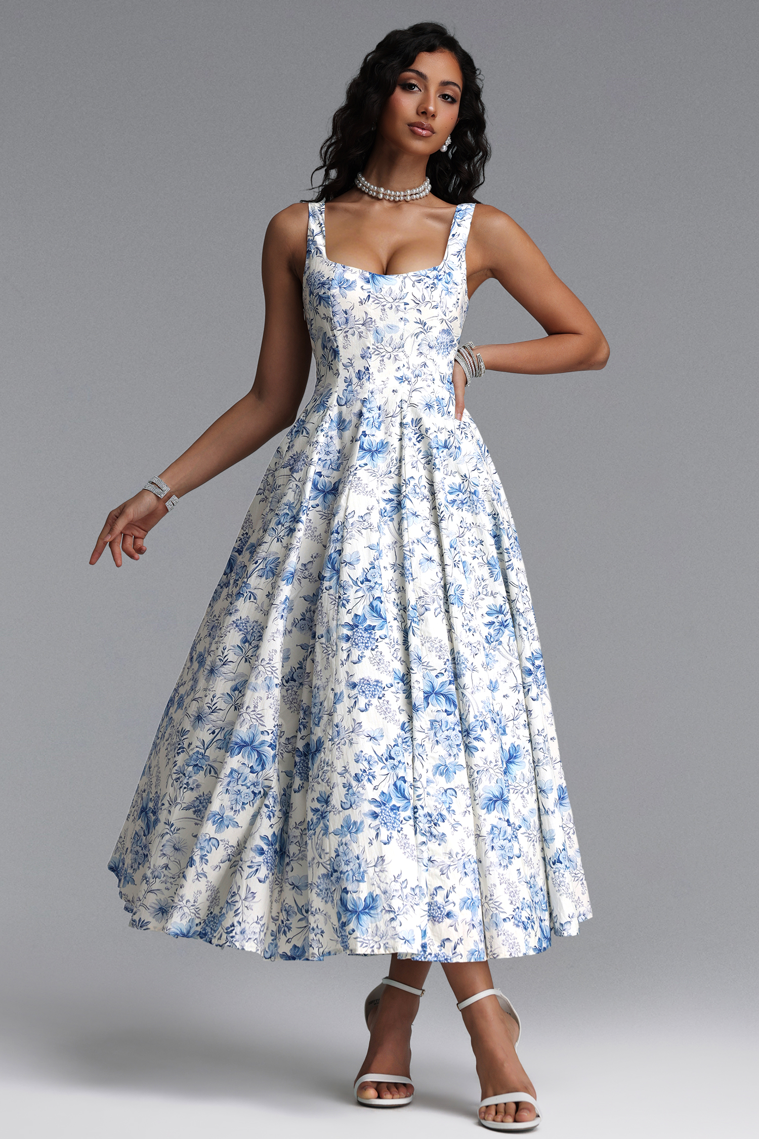 Riala Elegant Tailored Sleeveless Floral Print Woven Maxi Dress