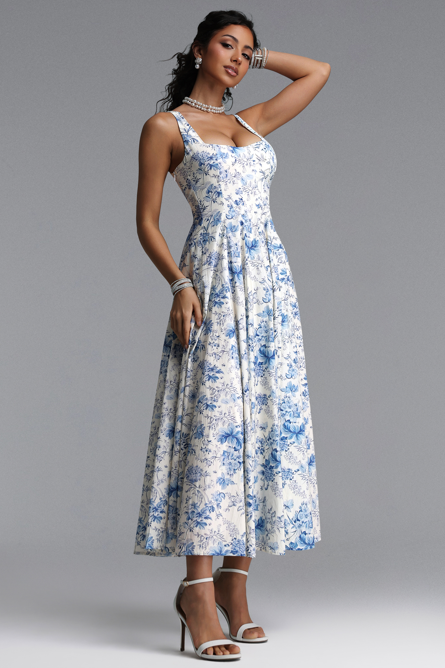 Riala Elegant Tailored Sleeveless Floral Print Woven Maxi Dress