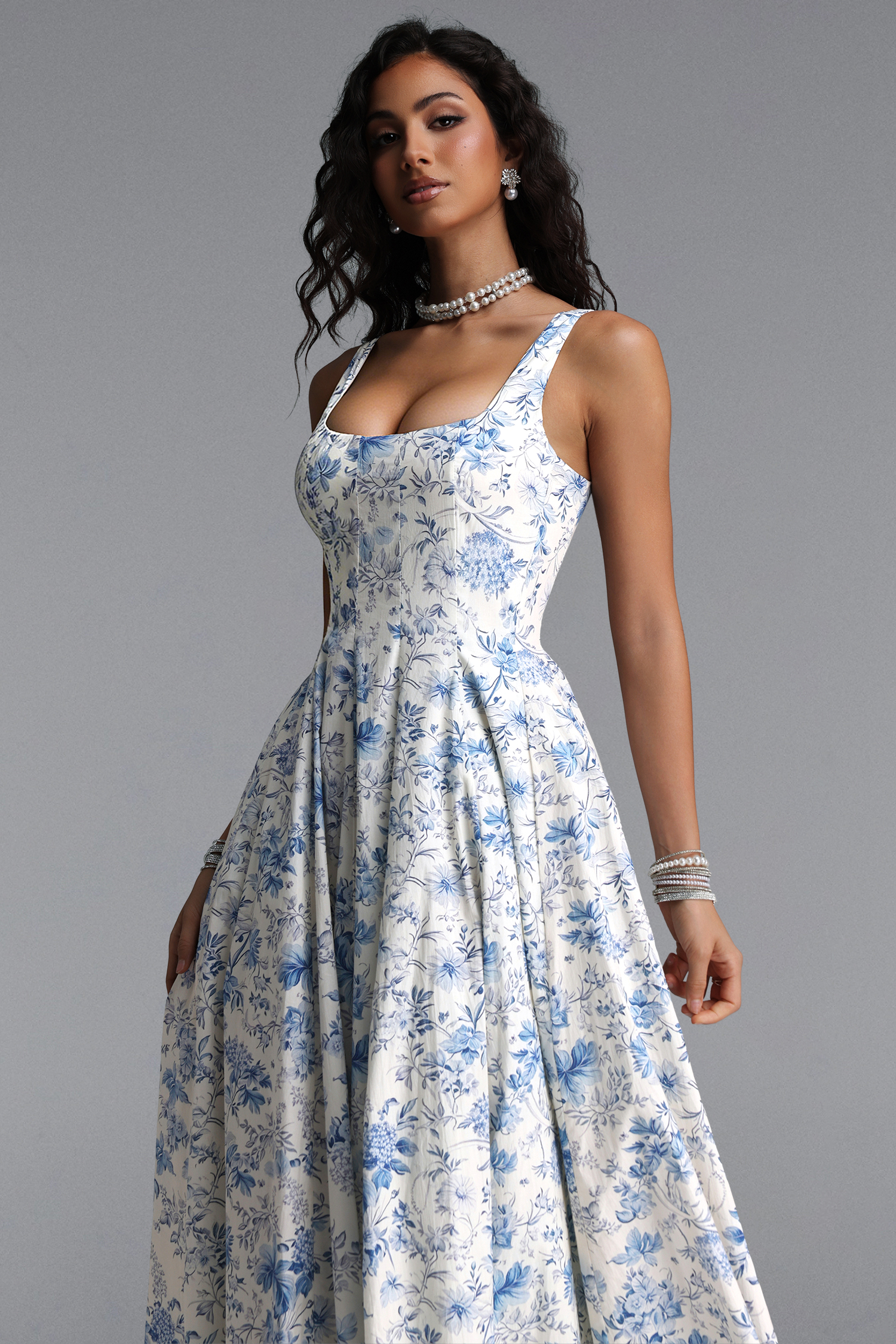 Riala Elegant Tailored Sleeveless Floral Print Woven Maxi Dress