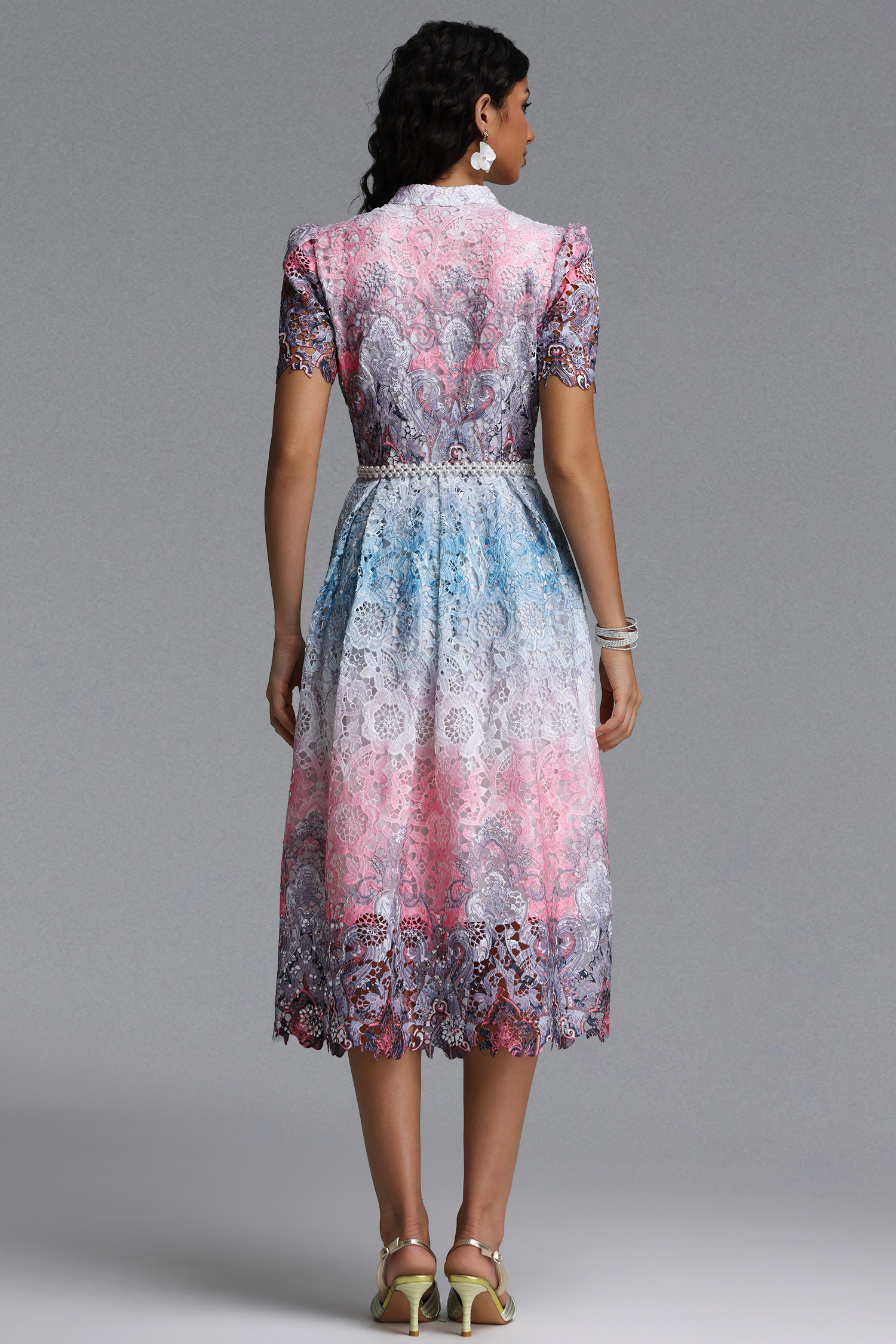 Weiss Resort Cinched Short Sleeve Floral Print Lace Midi Dress