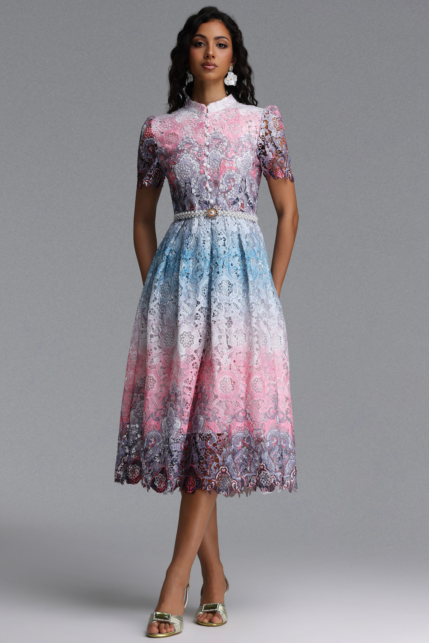 Weiss Resort Cinched Short Sleeve Floral Print Lace Midi Dress