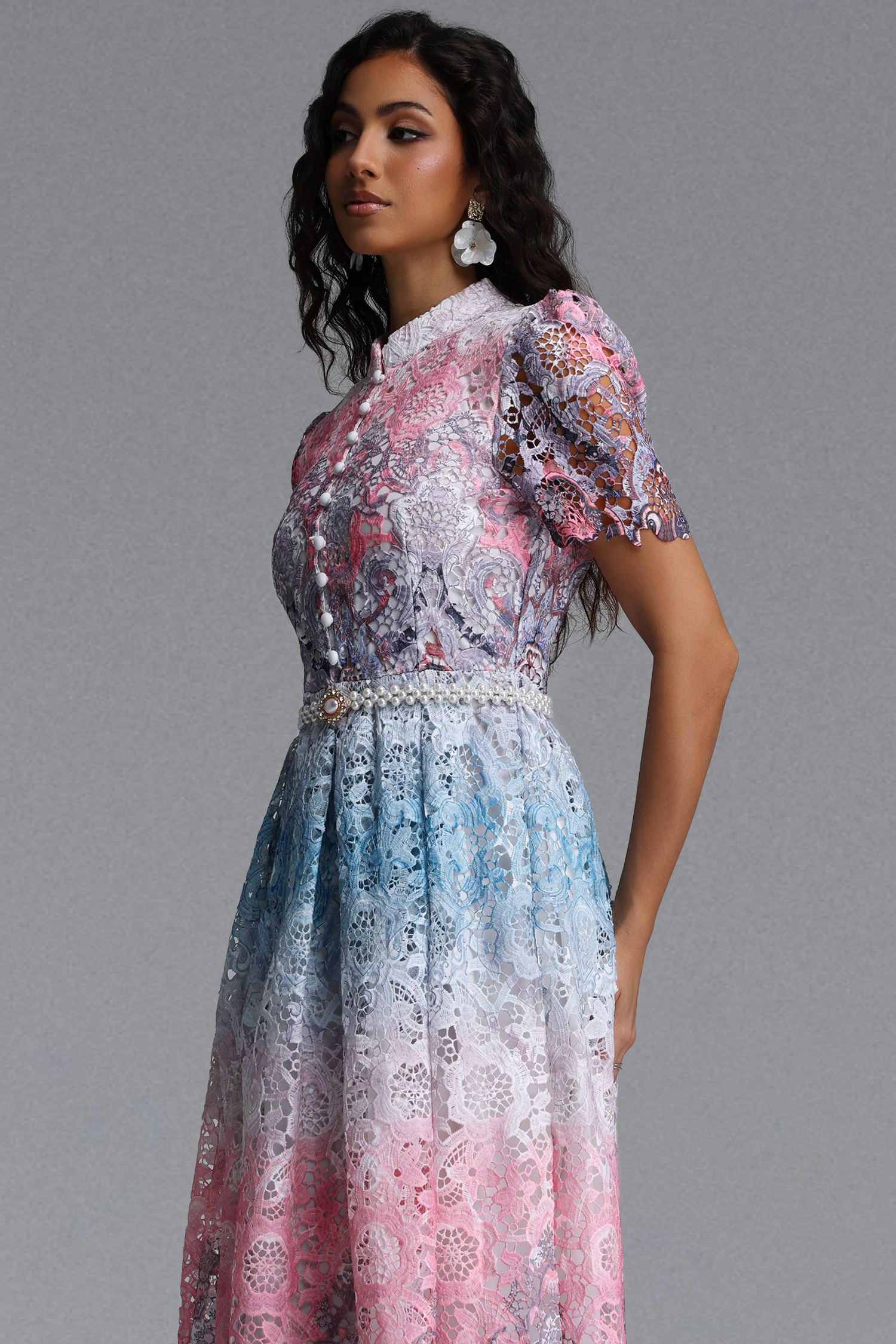 Weiss Resort Cinched Short Sleeve Floral Print Lace Midi Dress