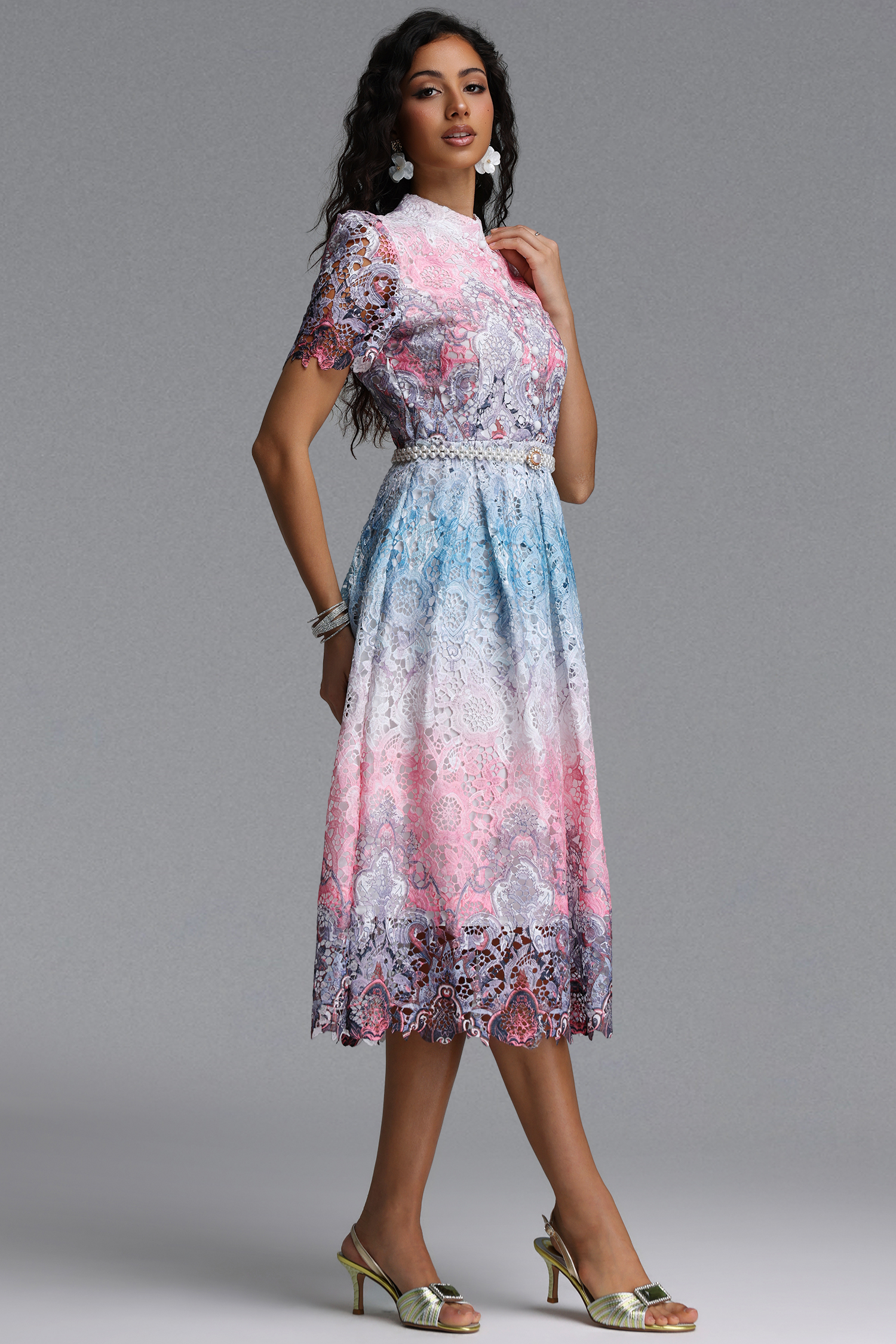 Weiss Resort Cinched Short Sleeve Floral Print Lace Midi Dress