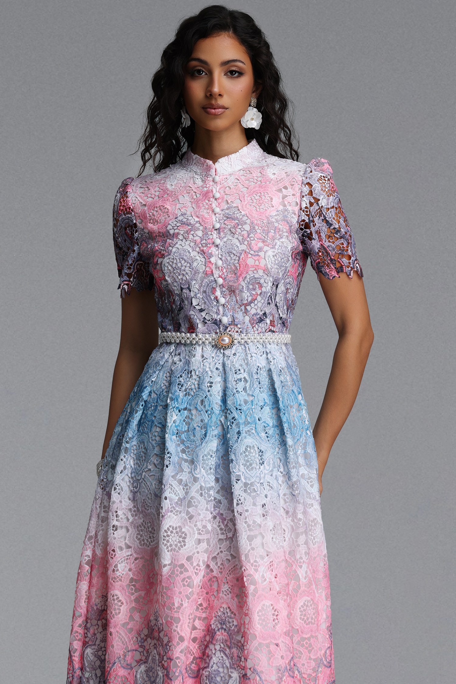 Weiss Resort Cinched Short Sleeve Floral Print Lace Midi Dress