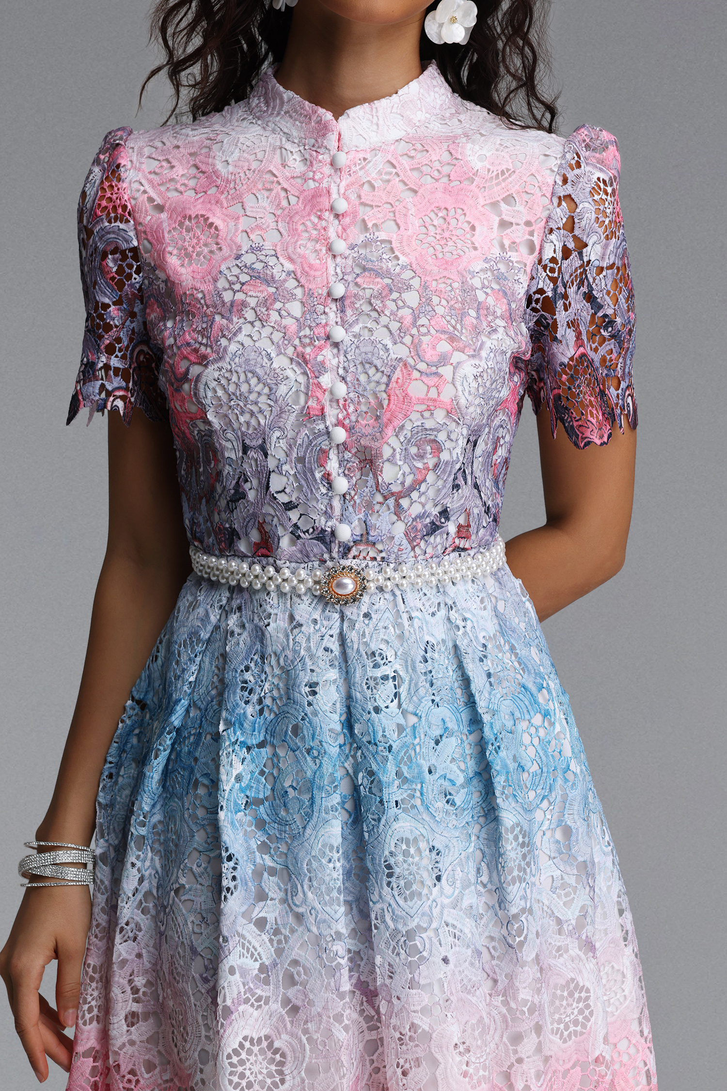 Weiss Resort Cinched Short Sleeve Floral Print Lace Midi Dress