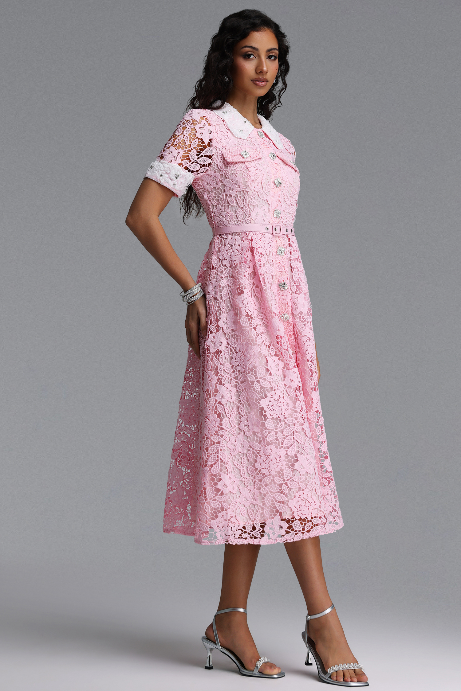 Sagona Classic Tailored Short Sleeve Rhinestone Floral Lace Maxi Dress