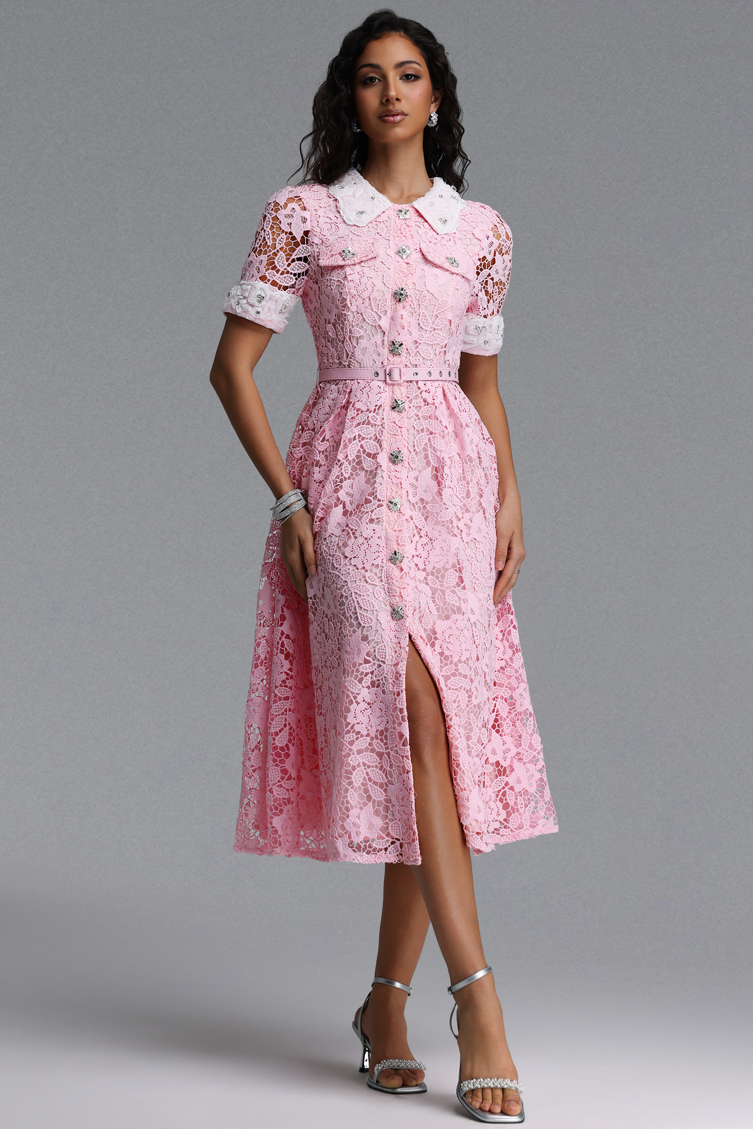 Sagona Classic Tailored Short Sleeve Rhinestone Floral Lace Maxi Dress