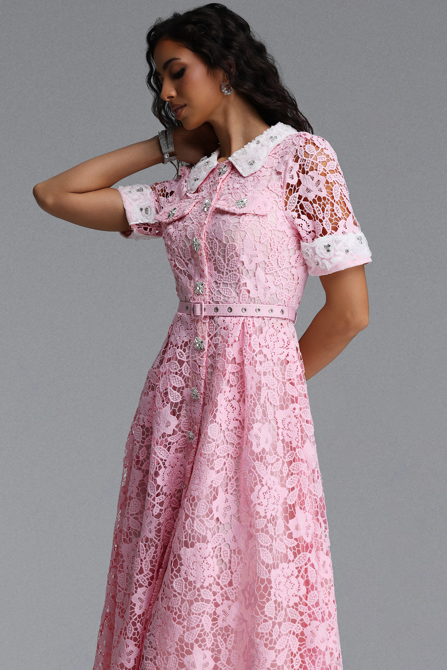 Sagona Classic Tailored Short Sleeve Rhinestone Floral Lace Maxi Dress