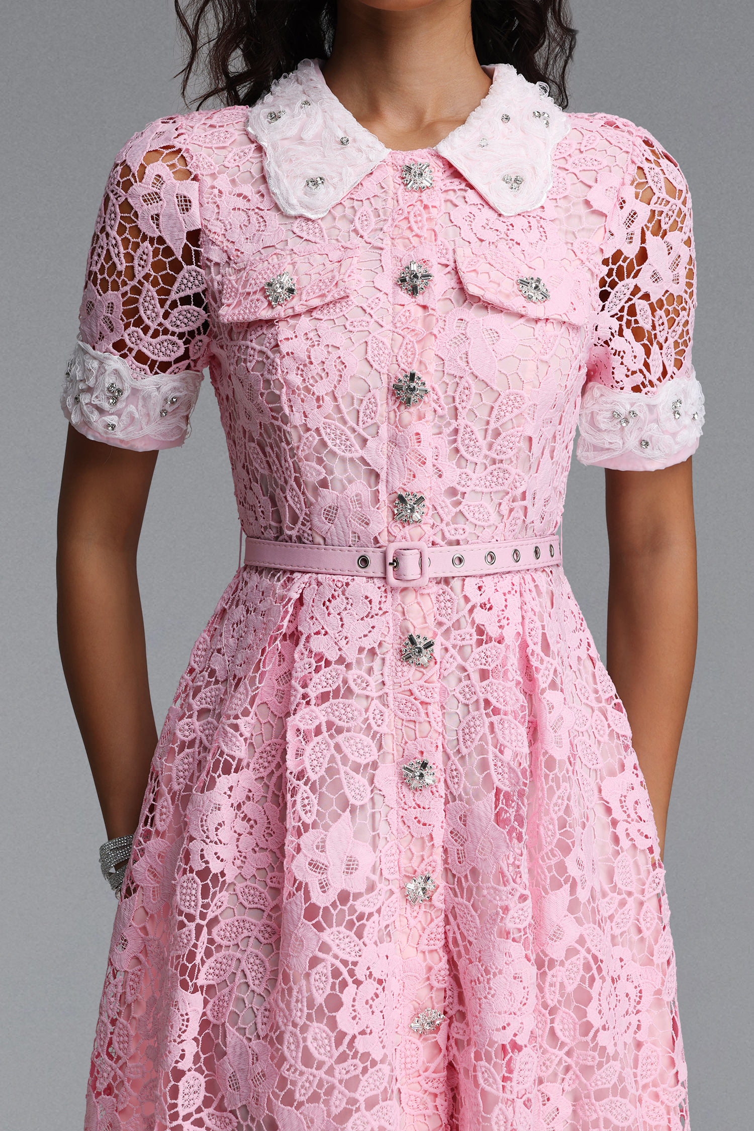 Sagona Classic Tailored Short Sleeve Rhinestone Floral Lace Maxi Dress