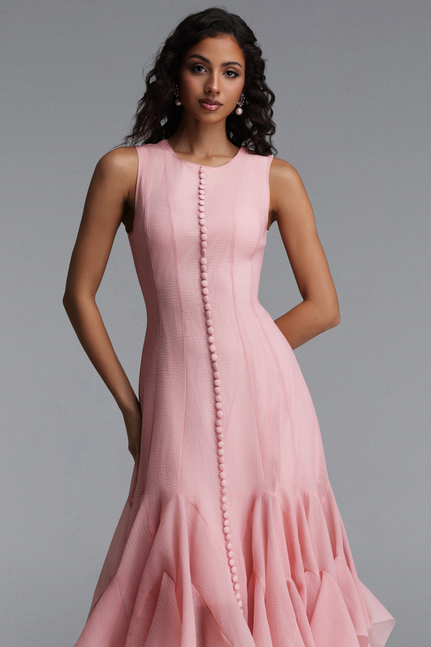 Ethel Resort Flowy Round Neck Sleeveless Ruffle Chiffon Maxi Dress