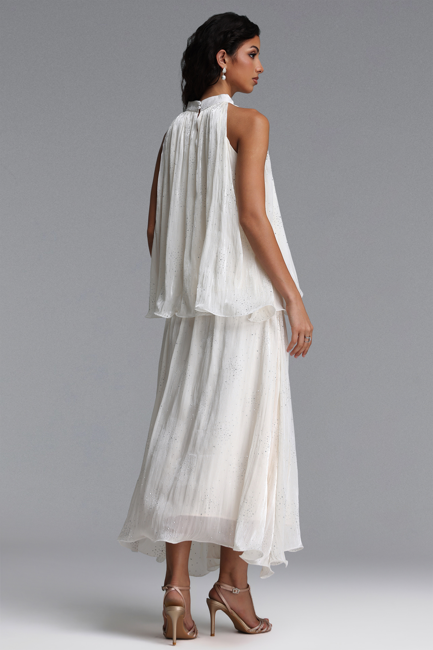 Debra Resort Flowy Sleeveless Rhinestone Woven Beige Top and Skirt Two Piece Set