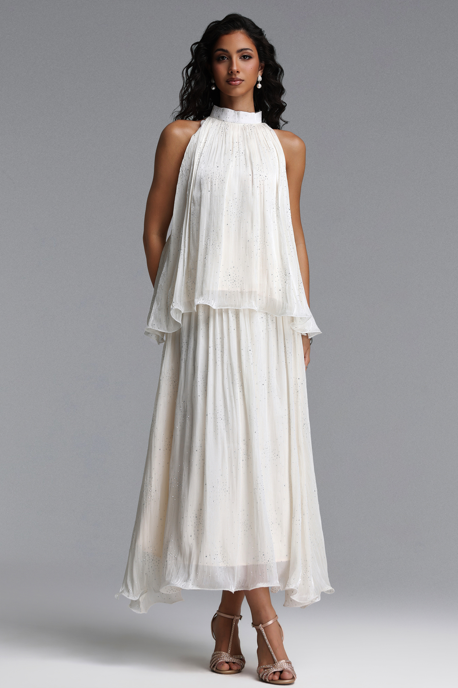 Debra Resort Flowy Sleeveless Rhinestone Woven Beige Top and Skirt Two Piece Set