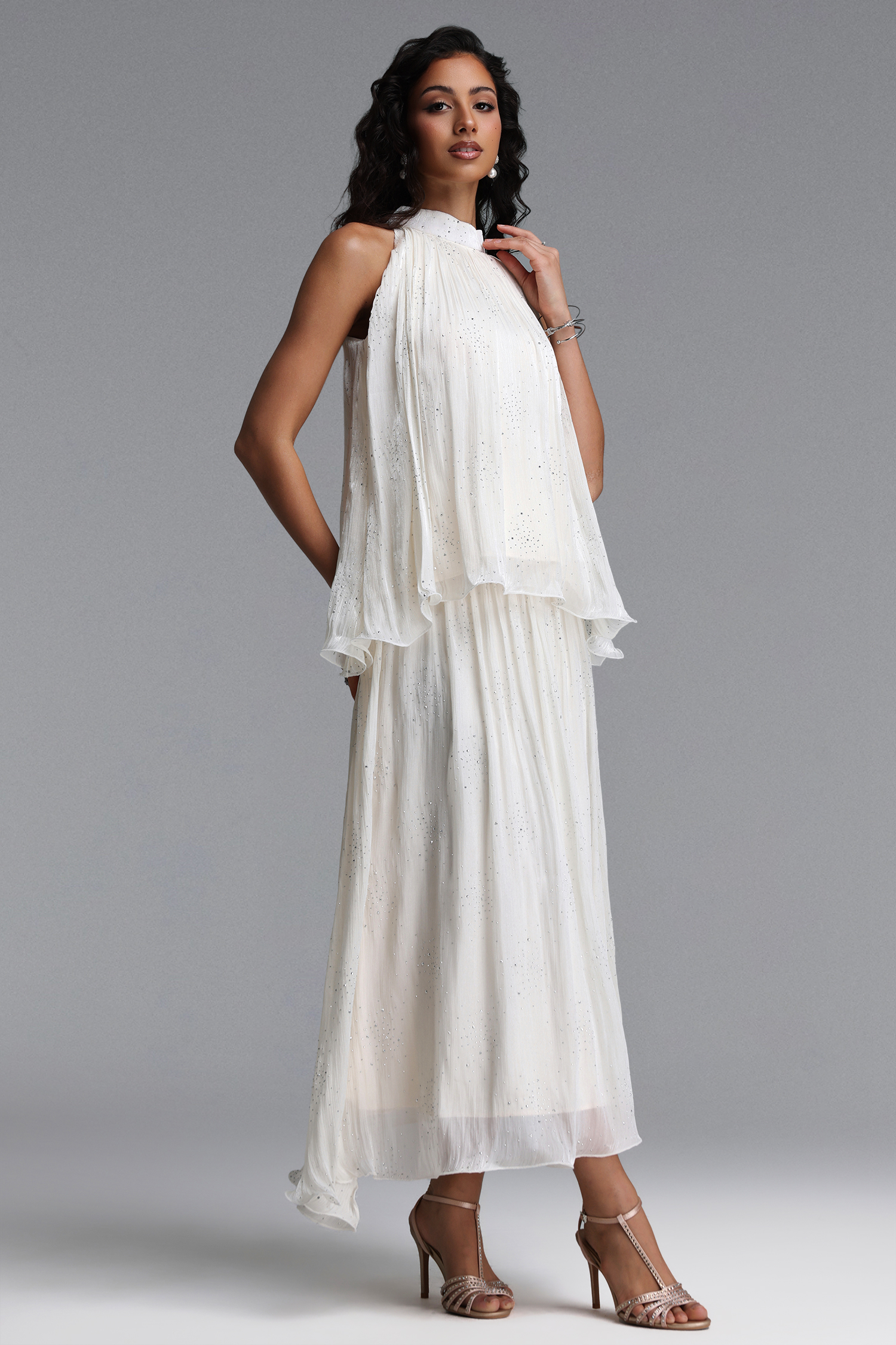 Debra Resort Flowy Sleeveless Rhinestone Woven Beige Top and Skirt Two Piece Set