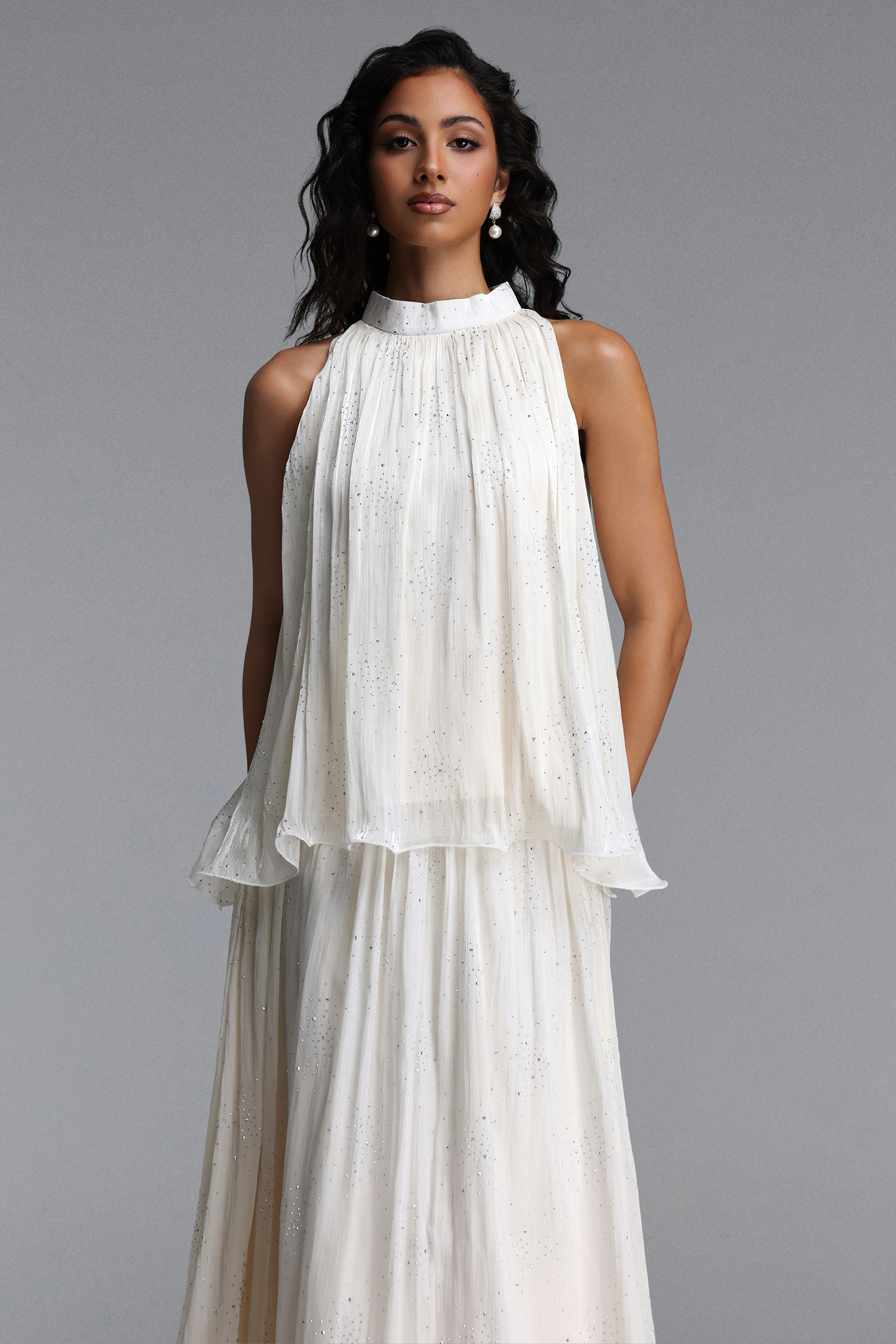 Debra Resort Flowy Sleeveless Rhinestone Woven Beige Top and Skirt Two Piece Set