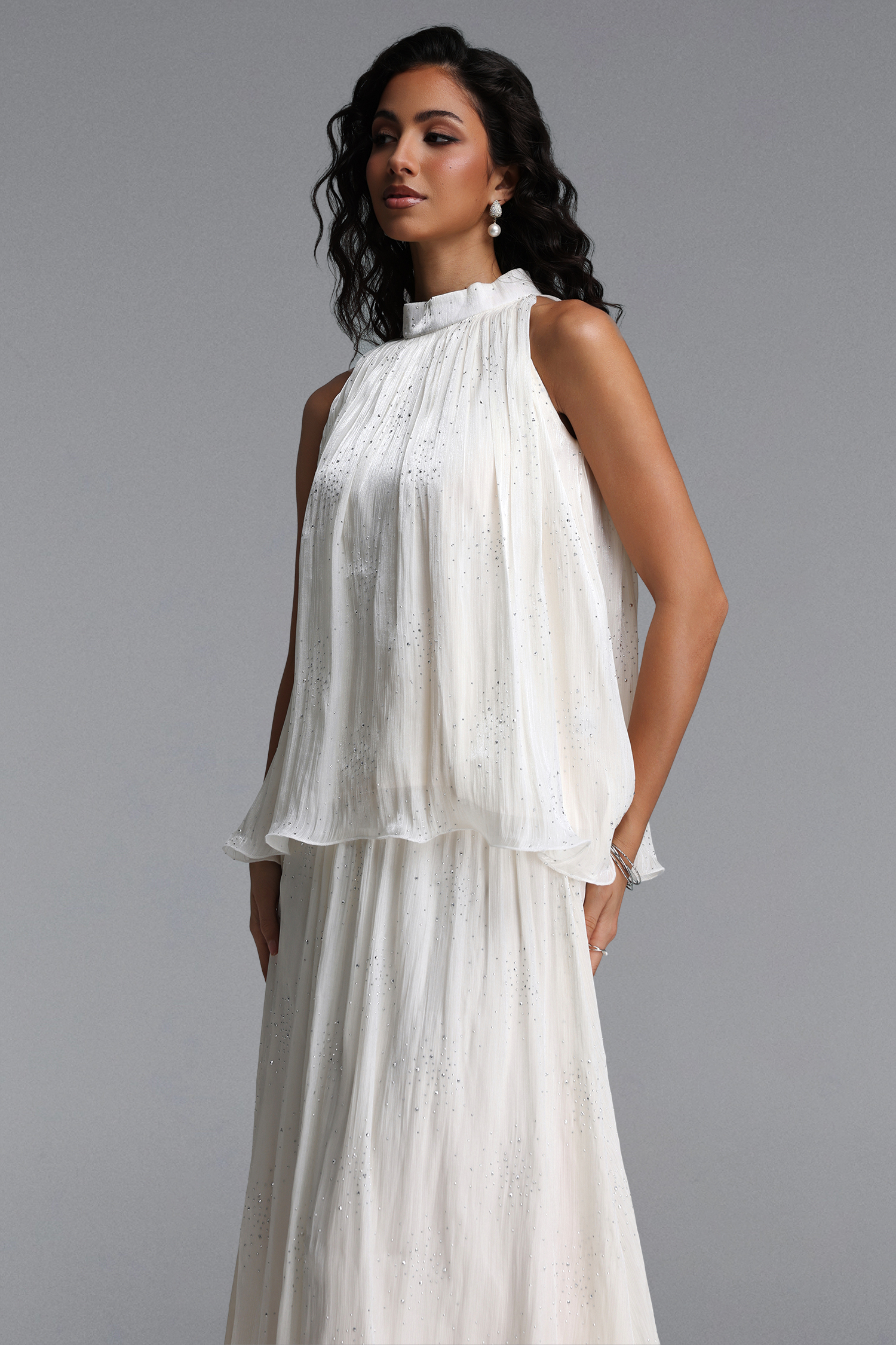 Debra Resort Flowy Sleeveless Rhinestone Woven Beige Top and Skirt Two Piece Set