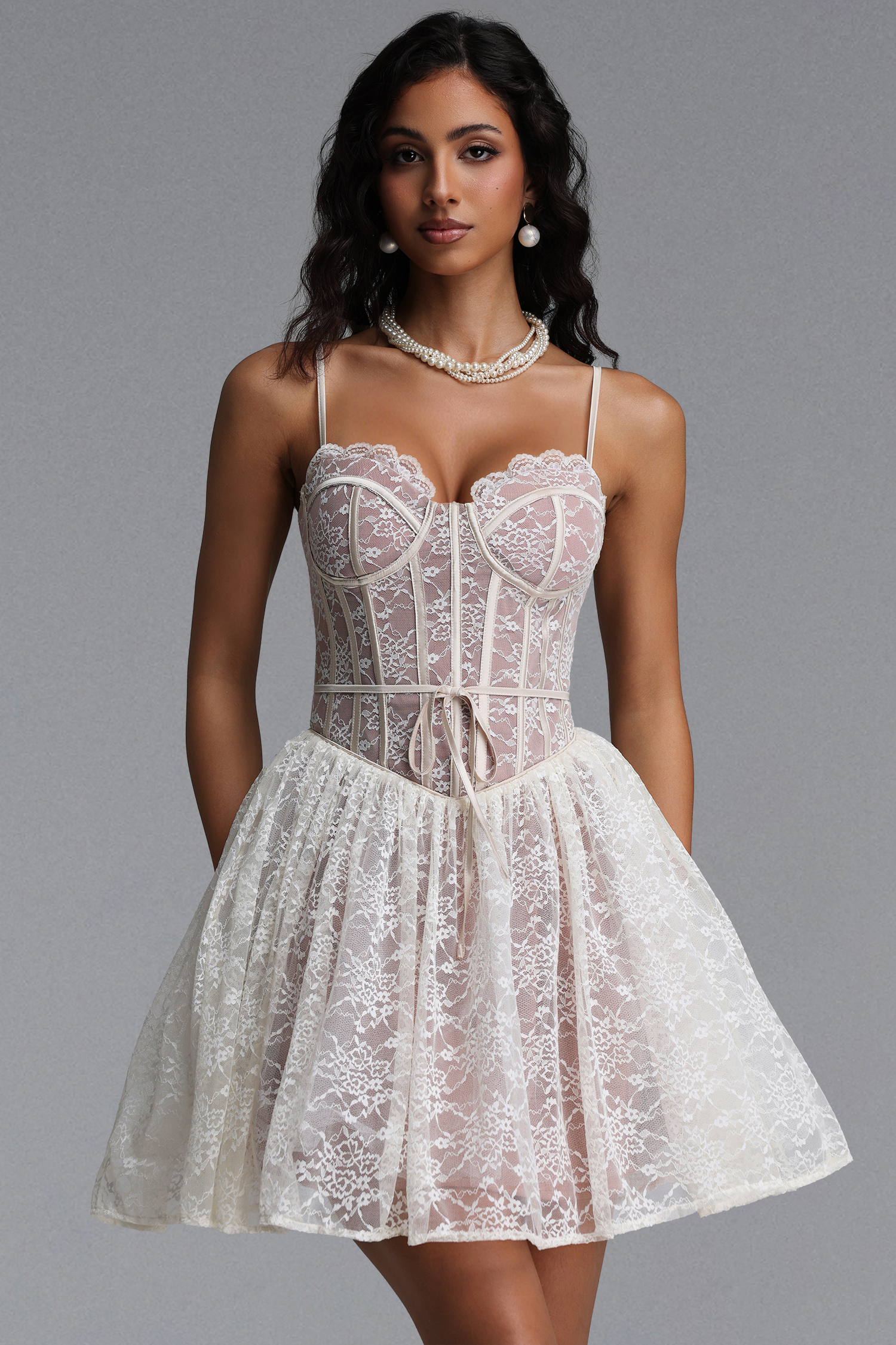 Shelby Chic Cinched Sleeveless Floral Lace Mini Dress