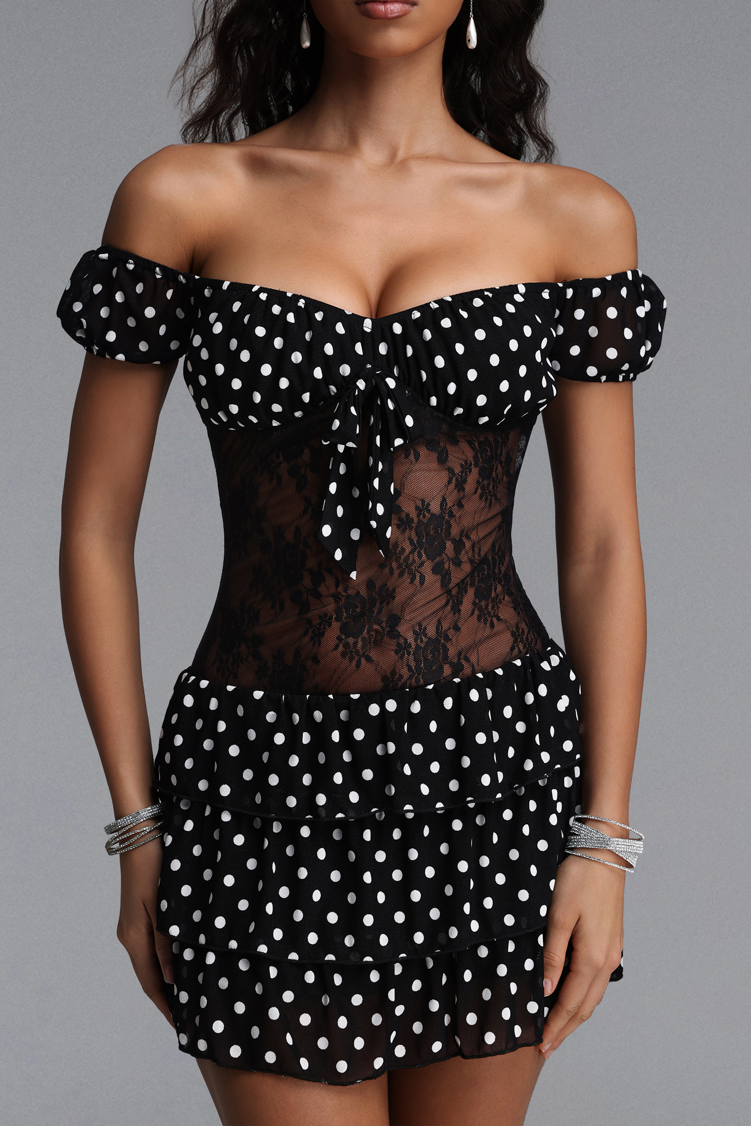 Kyli Sexy Contour Off Shoulder Floral Lace Polka Dot Knit Mini Dress