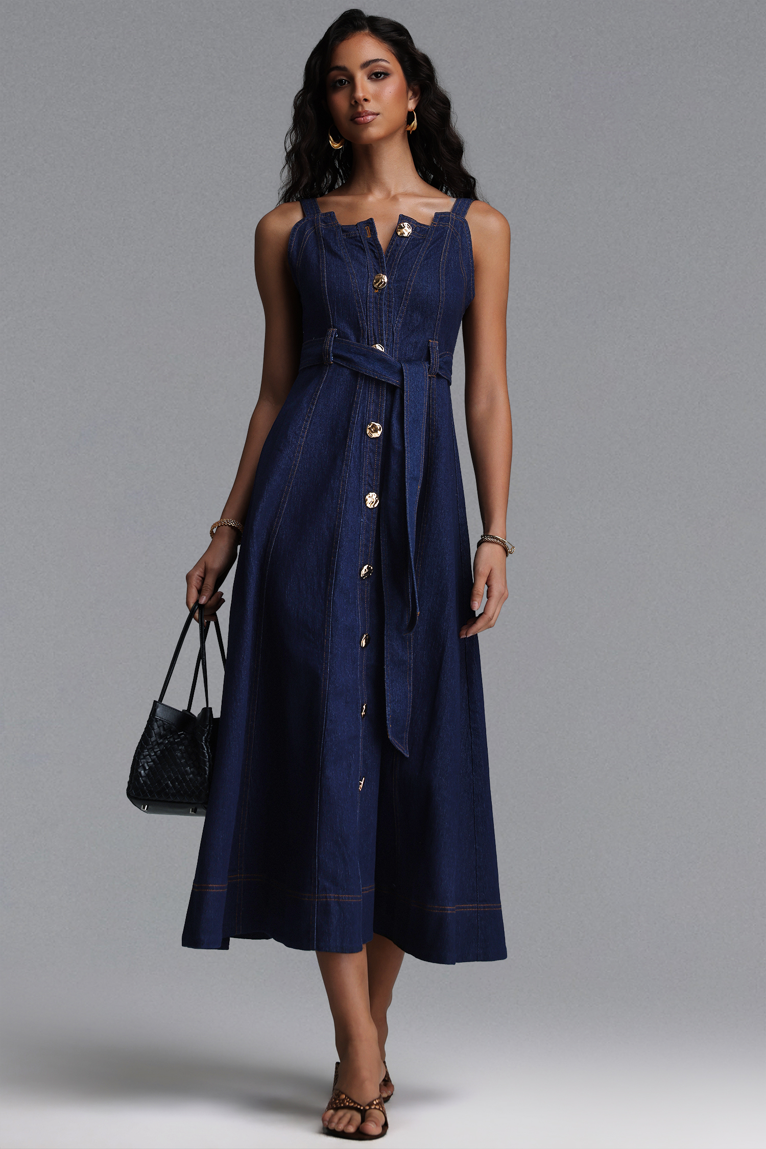 Lunia Elegant Cinched Sleeveless Denim Maxi Dress