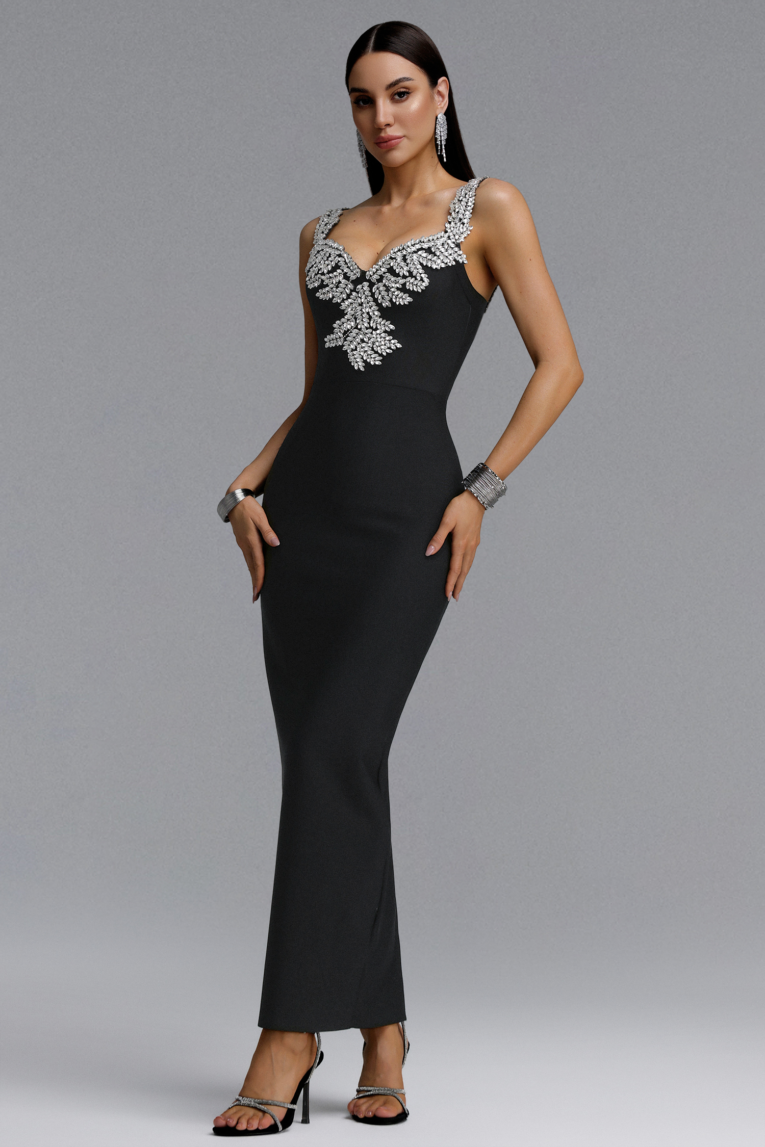 Lila Elegant Contour Spaghetti Strap V Neck Large Leaf Rhinestone Bandage Midi Dress