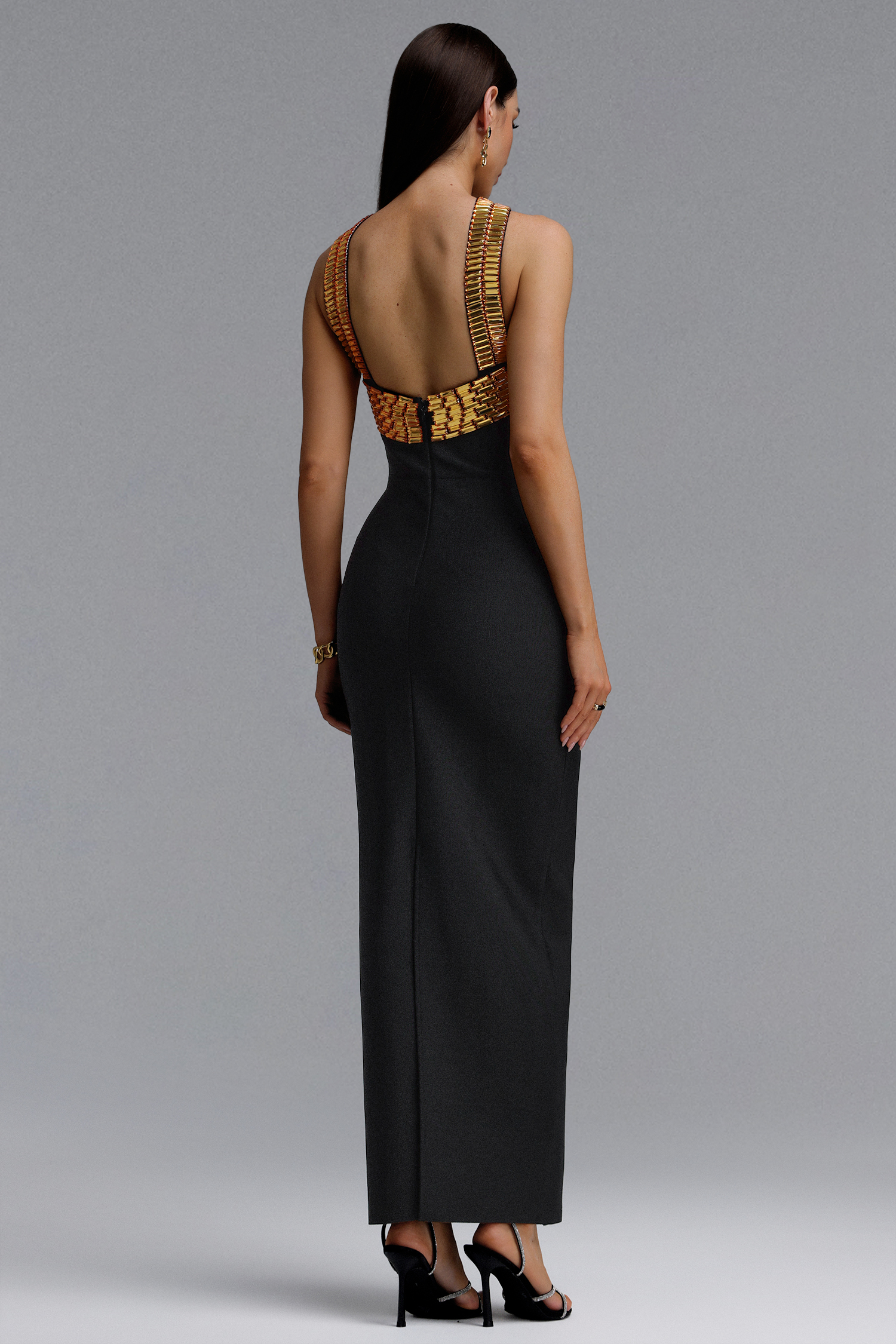 Riza Chic Contour Halter Rhinestone Bandage Gold Maxi Dress