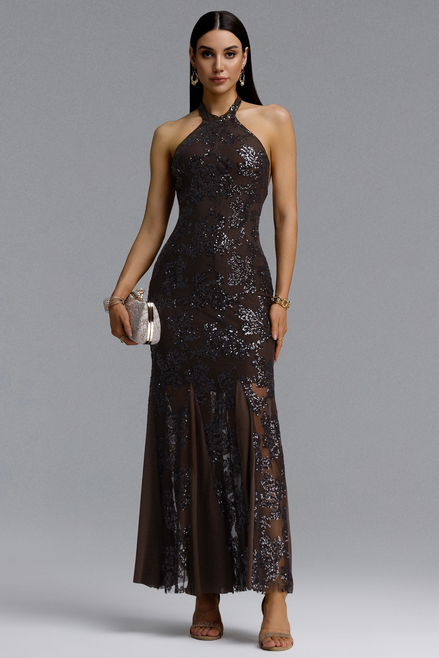 Yuhie Luxurious Contour Halter Open Back Floral Sequin Midi Dress