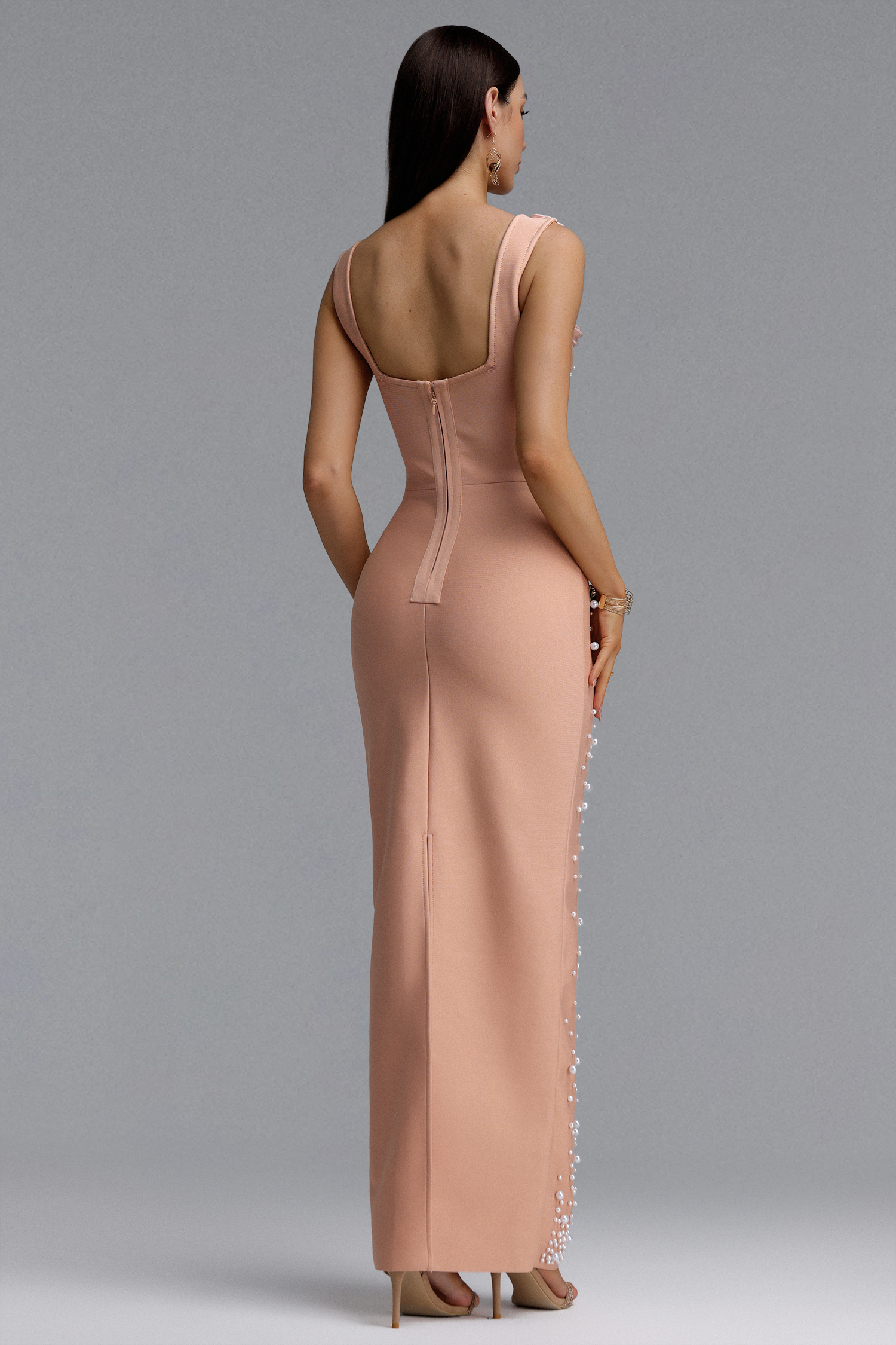 Shea Elegant Contour Square Neck Floral Pearl Bandage Beige Maxi Dress