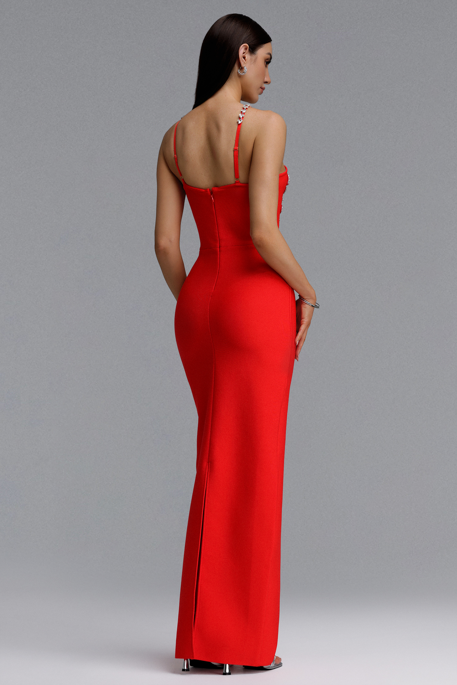 Veronic Glamorous Contour Halter Cut Out Rhinestone Floral Bandage Red Maxi Dress
