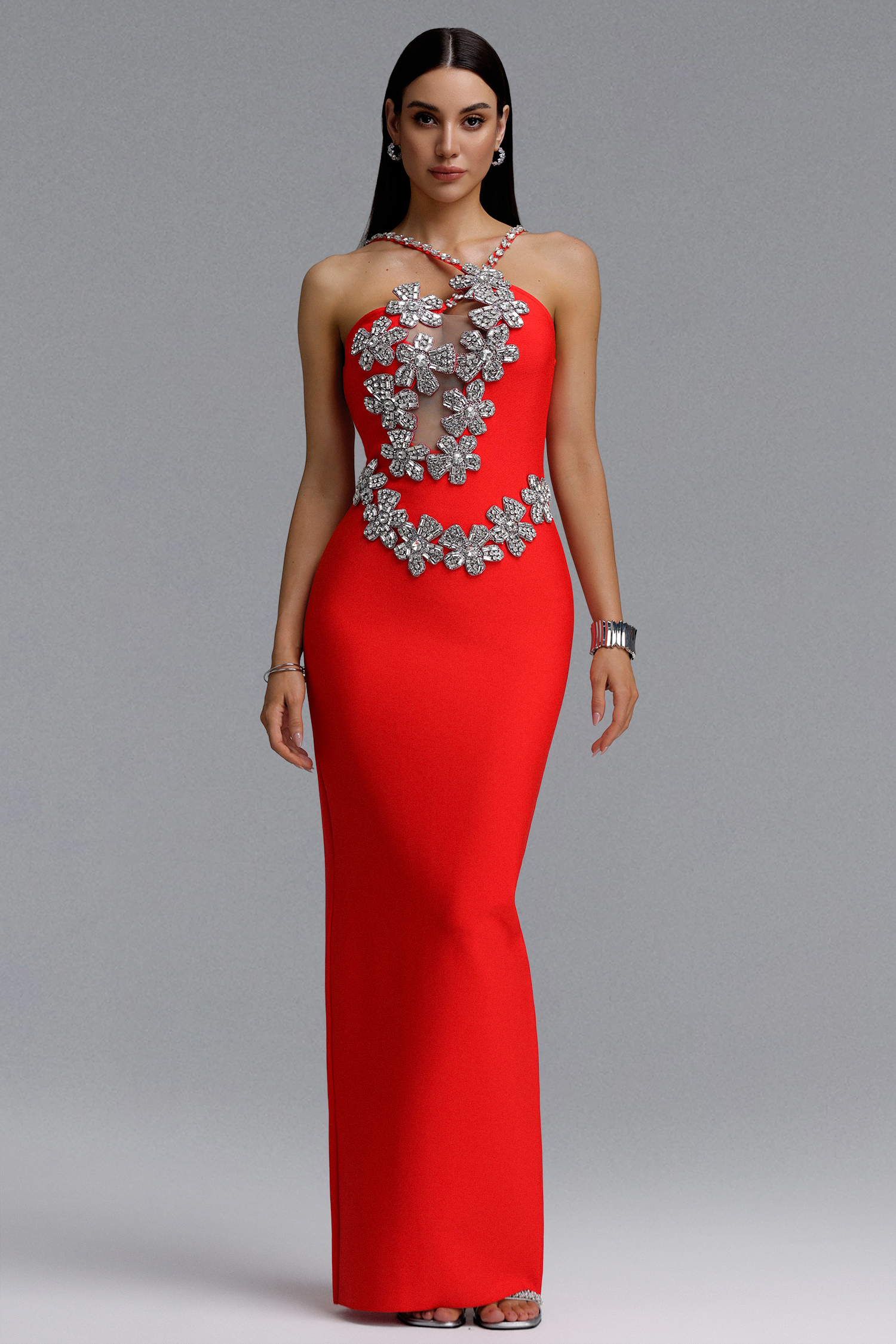 Veronic Glamorous Contour Halter Cut Out Rhinestone Floral Bandage Red Maxi Dress