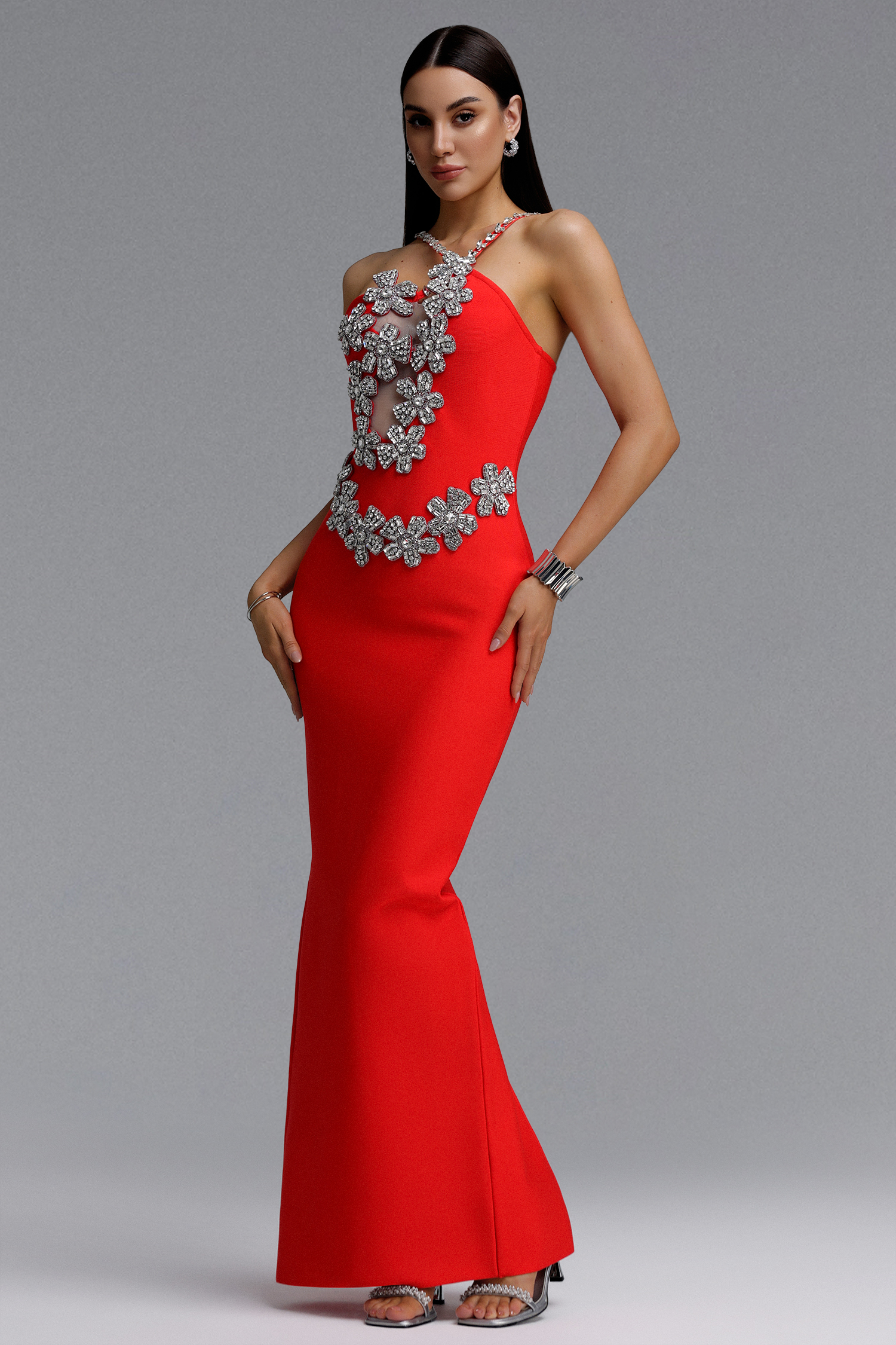 Veronic Glamorous Contour Halter Cut Out Rhinestone Floral Bandage Red Maxi Dress