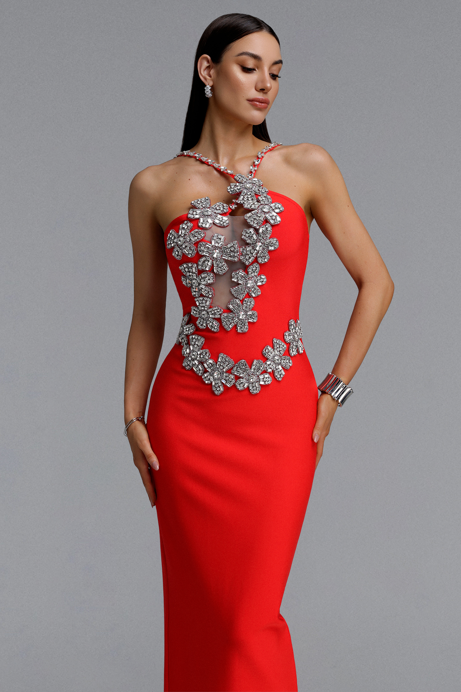 Veronic Glamorous Contour Halter Cut Out Rhinestone Floral Bandage Red Maxi Dress