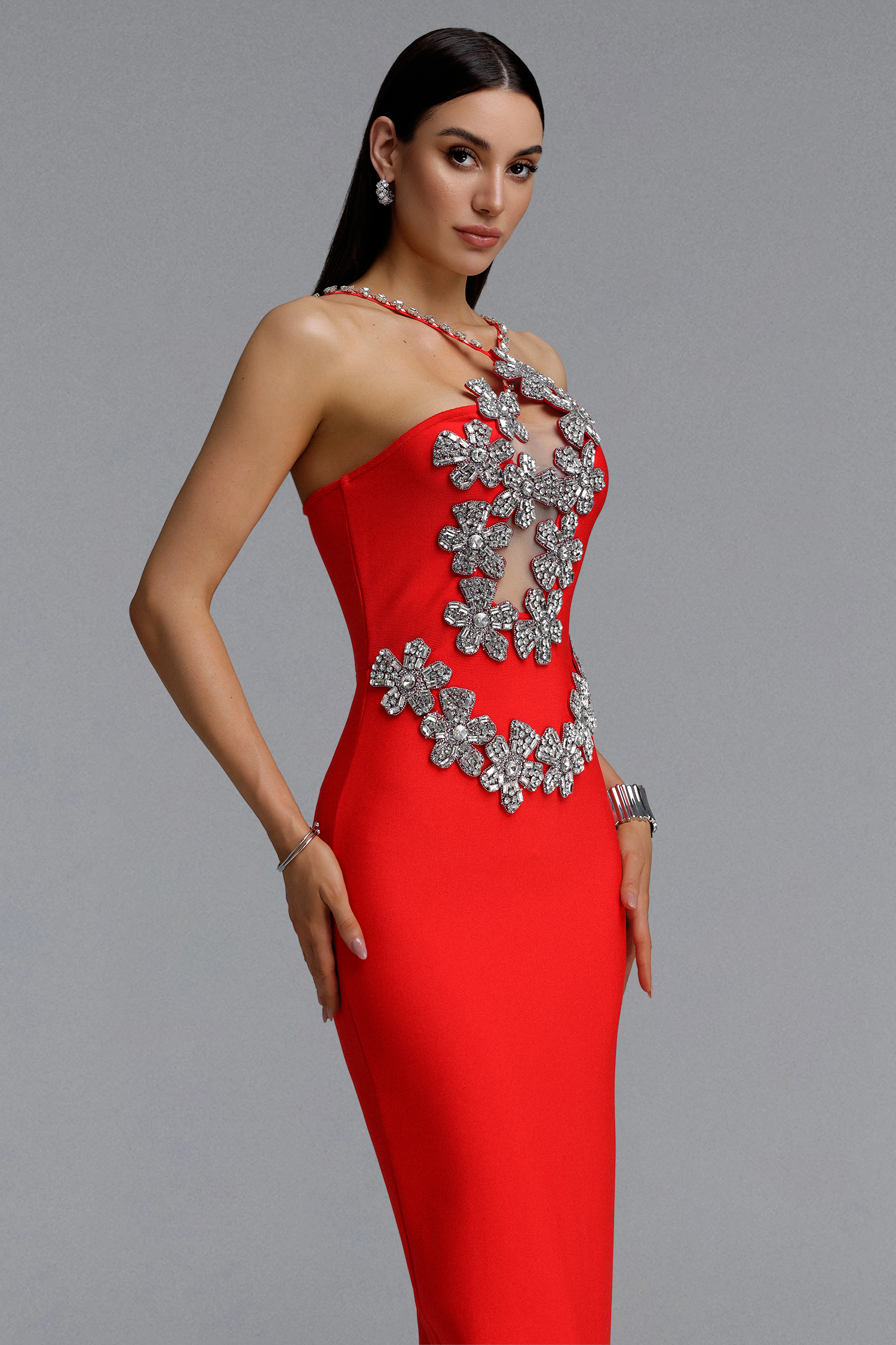 Veronic Glamorous Contour Halter Cut Out Rhinestone Floral Bandage Red Maxi Dress