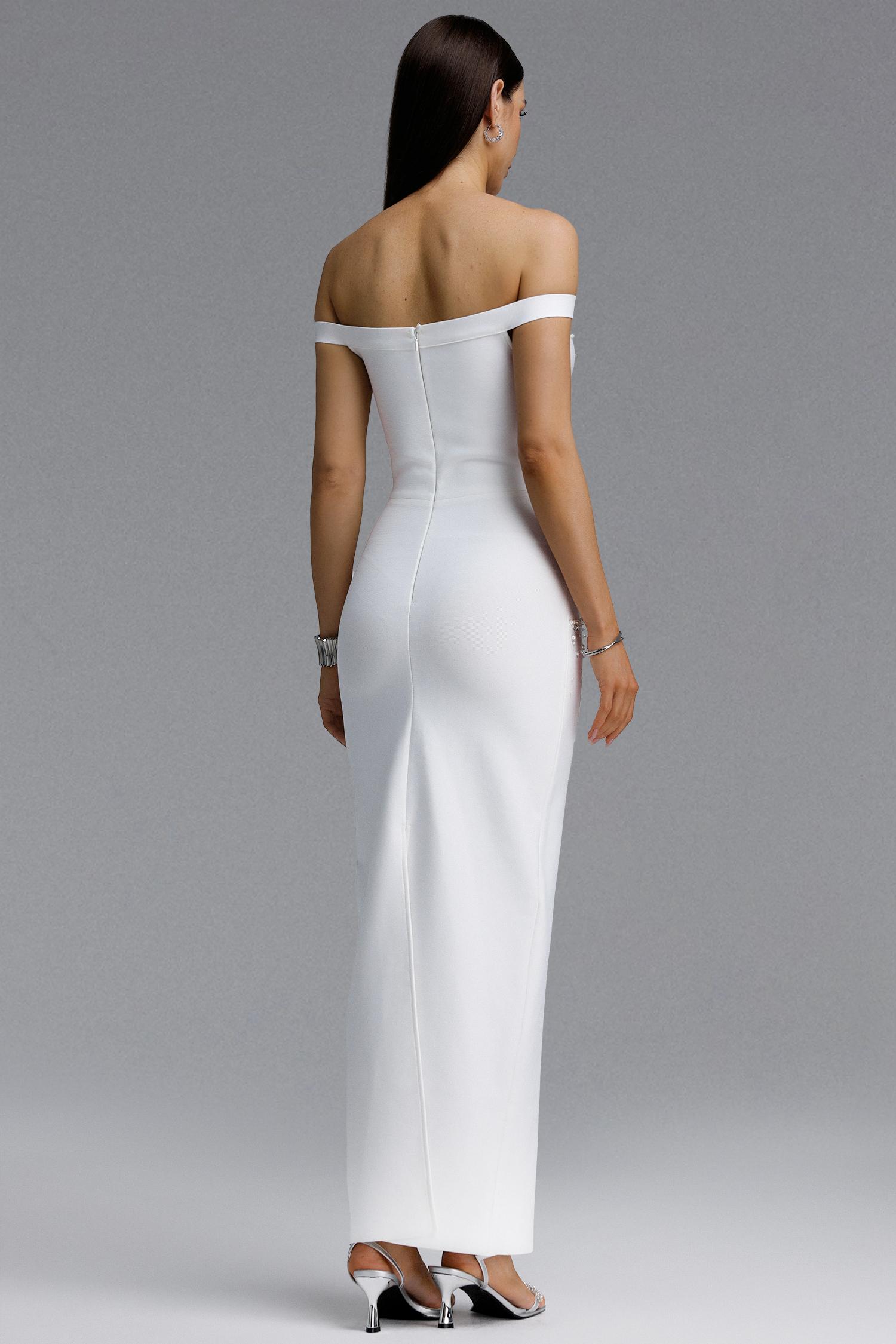 Viomo Elegant Contour Off Shoulder Gradient Rhinestone Cut Out Bandage Maxi Dress