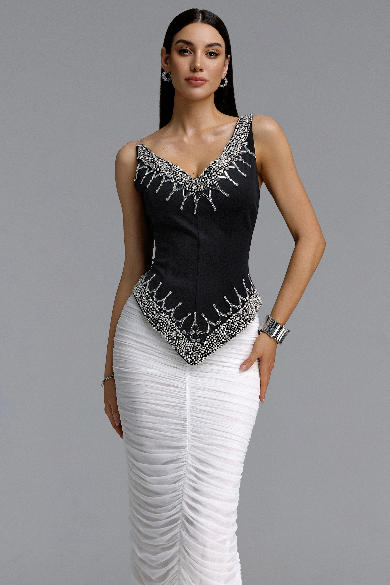Temaie Luxurious Contour Spaghetti Strap V Neck Rhinestone Ruched Two Piece Maxi Dress
