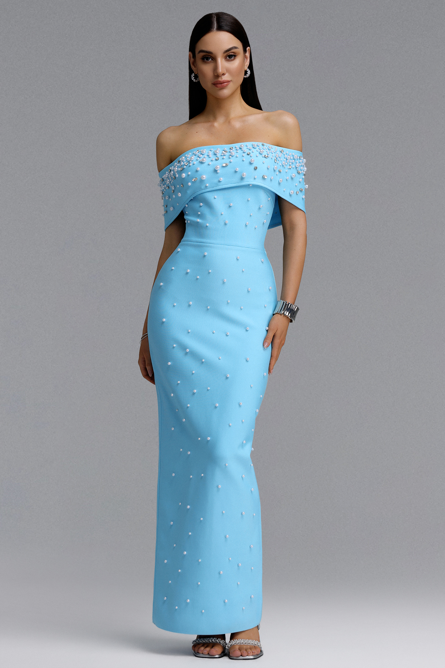 Isme Elegant Contour Off Shoulder Pearl Rhinestone Bandage Blue Maxi Dress